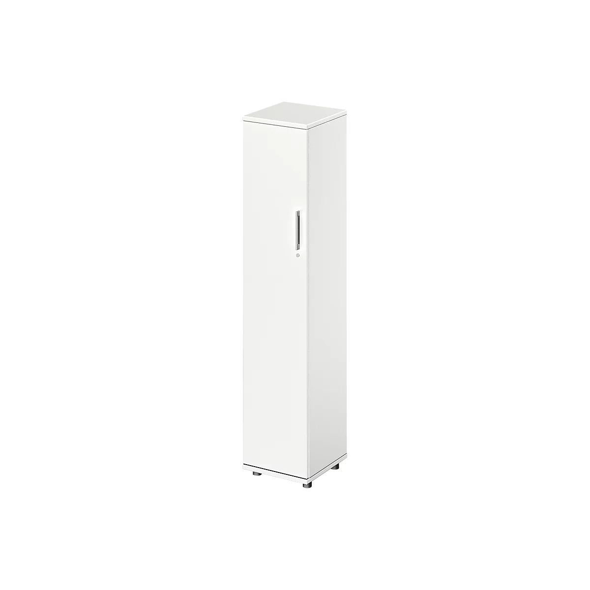 White cabinet with a rectangular shape. A narrow, silver handle and small feet can be seen.