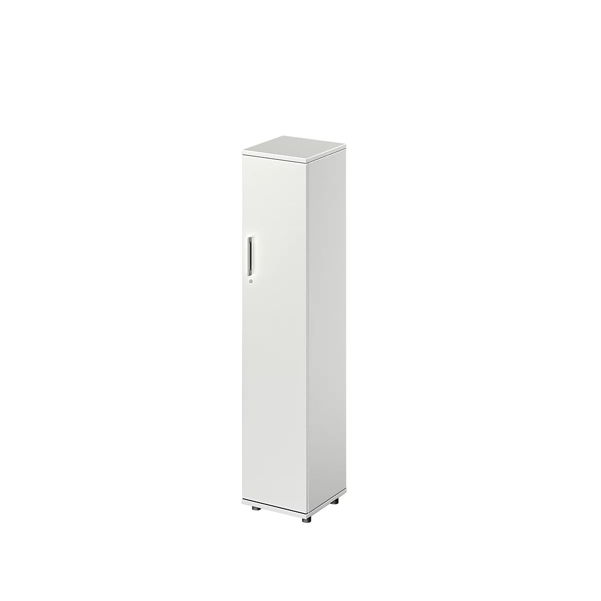 White, tall cabinet against a white background. With handle, door, and base.
