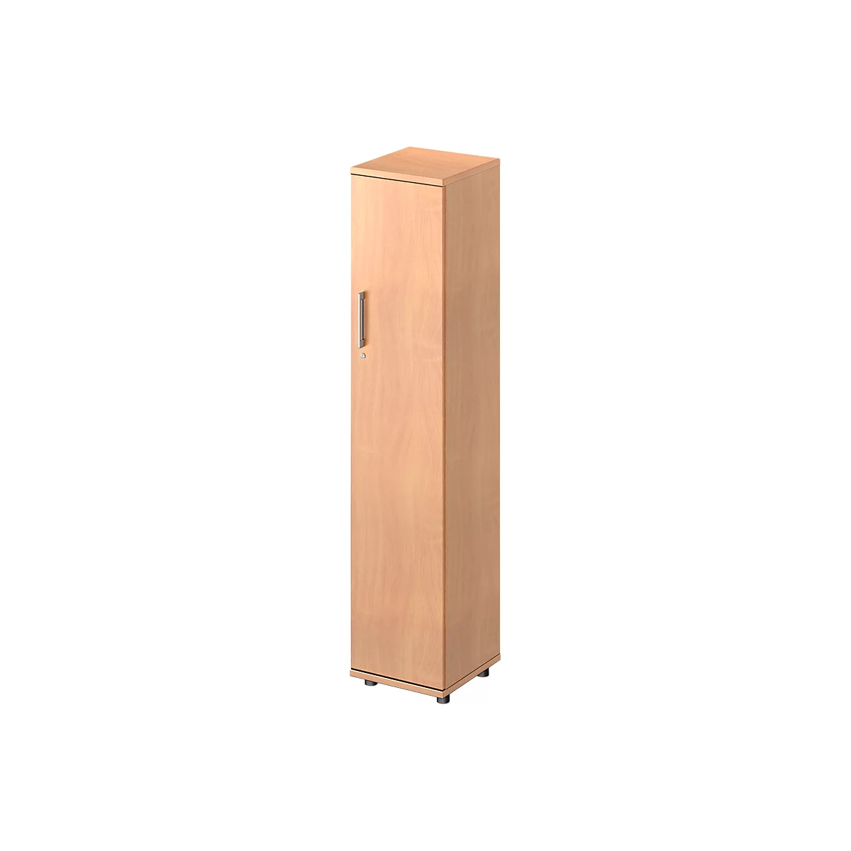 Narrow beige cabinet with one door, silver handle. Stands on black feet.