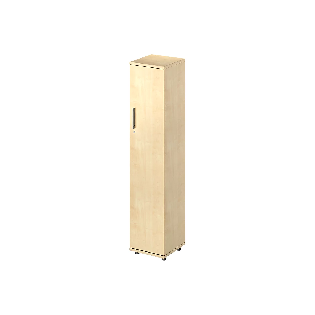 Cabinet made of light wood, with handle and black feet.