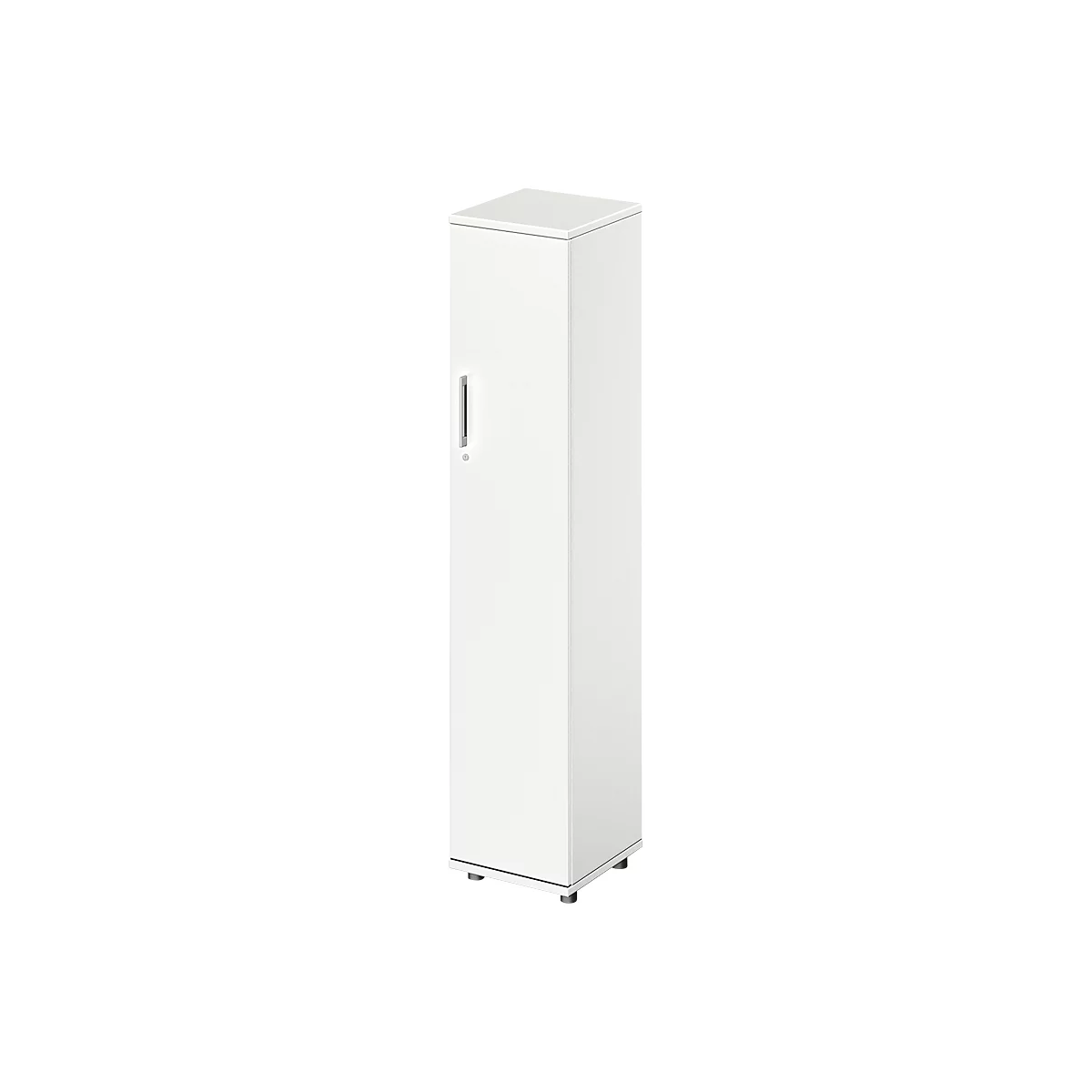 White, narrow cabinet with door and handle.