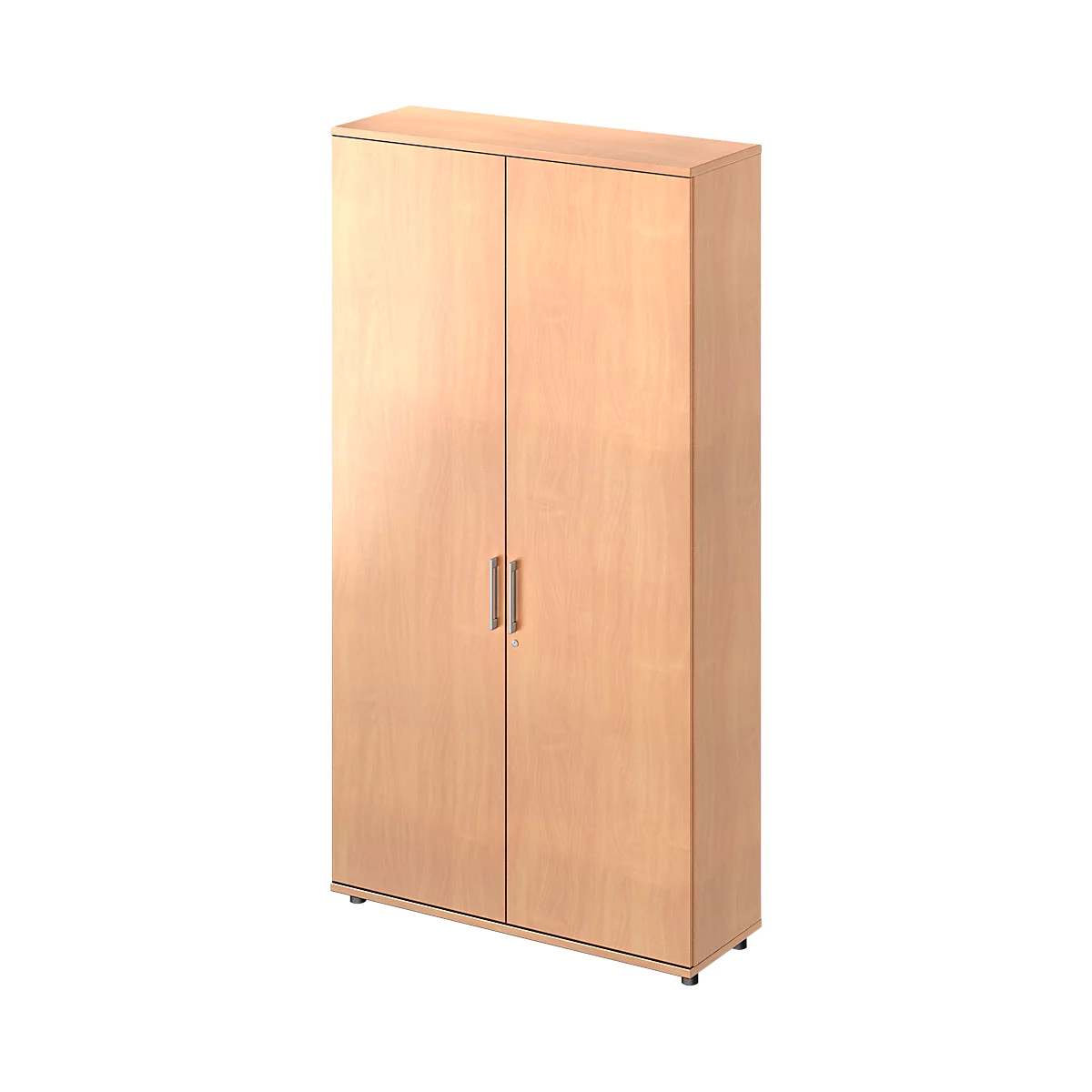 A tall, light brown wooden cabinet with two doors and silver handles. The doors are closed.