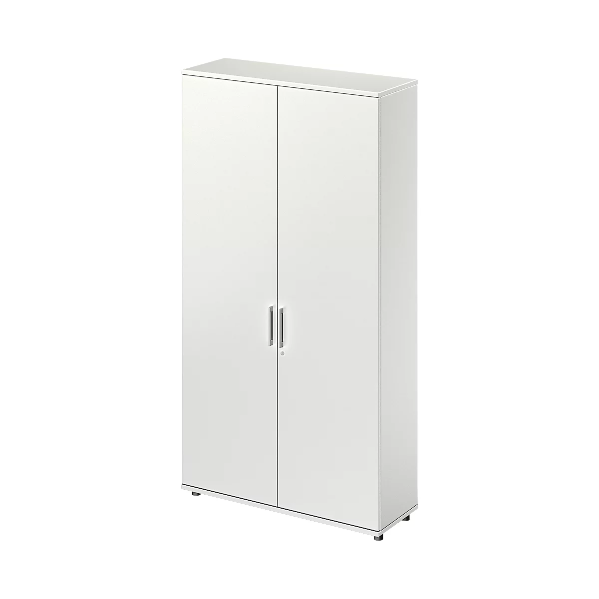 White cabinet with two doors, two metal handles, and a simple design.