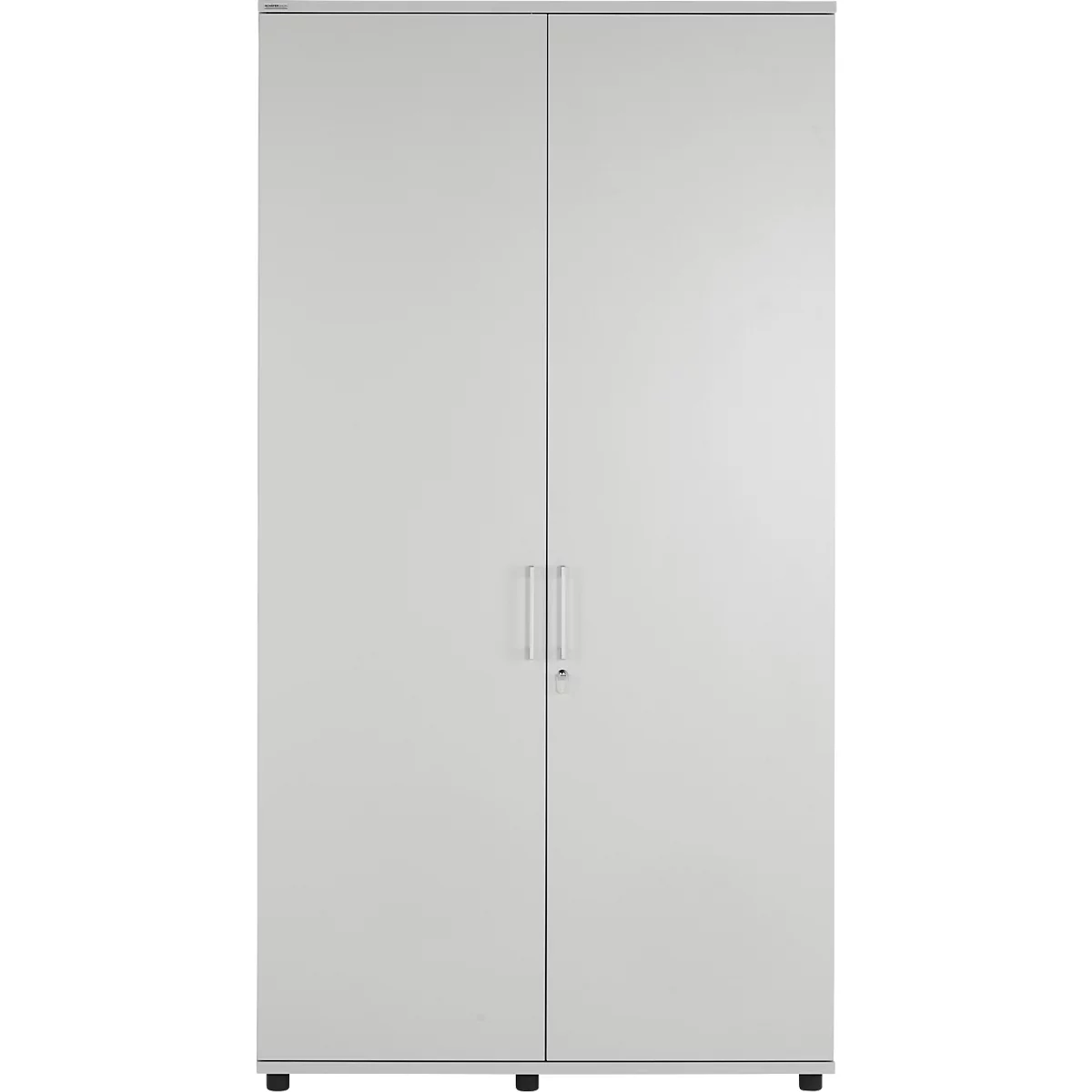 A white cabinet with two doors and silver handles. The cabinet stands on small rollers.