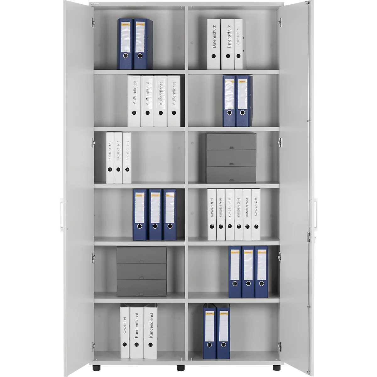 A gray filing cabinet with open doors. File folders and drawers are distributed on the shelves.