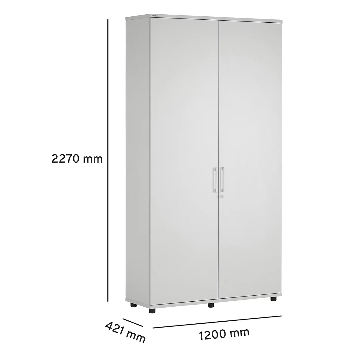 White cabinet with two doors, metallic handles, and dimensions: 2270 x 1200 x 421 mm.
