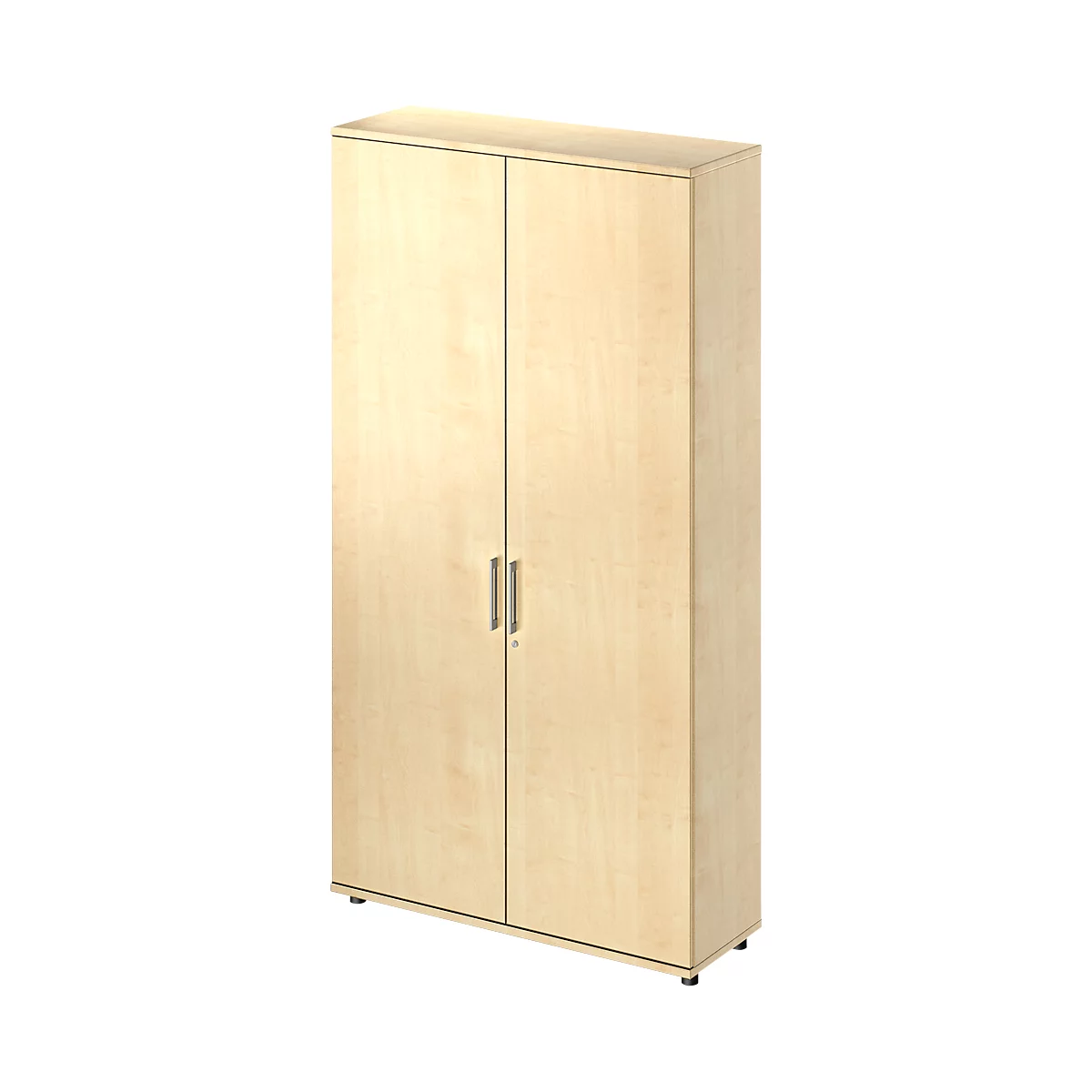 Beige cabinet with two doors and silver handles, against white background.