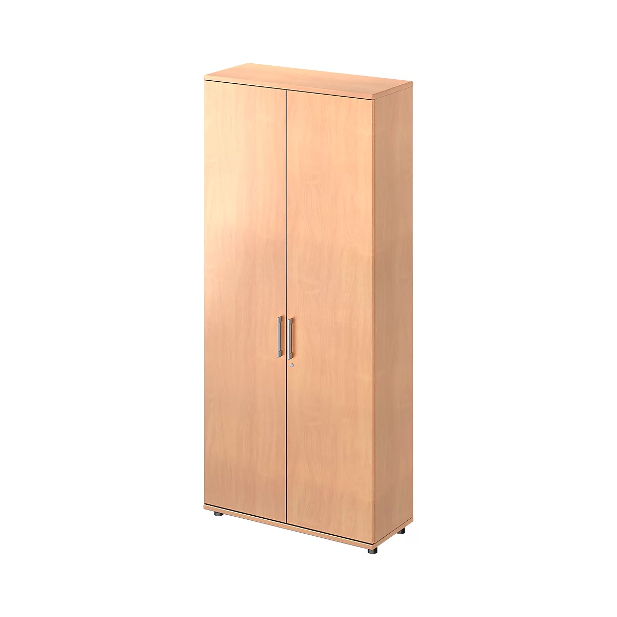 A tall, beige cabinet with two doors and silver handles. The cabinet stands on small black feet.