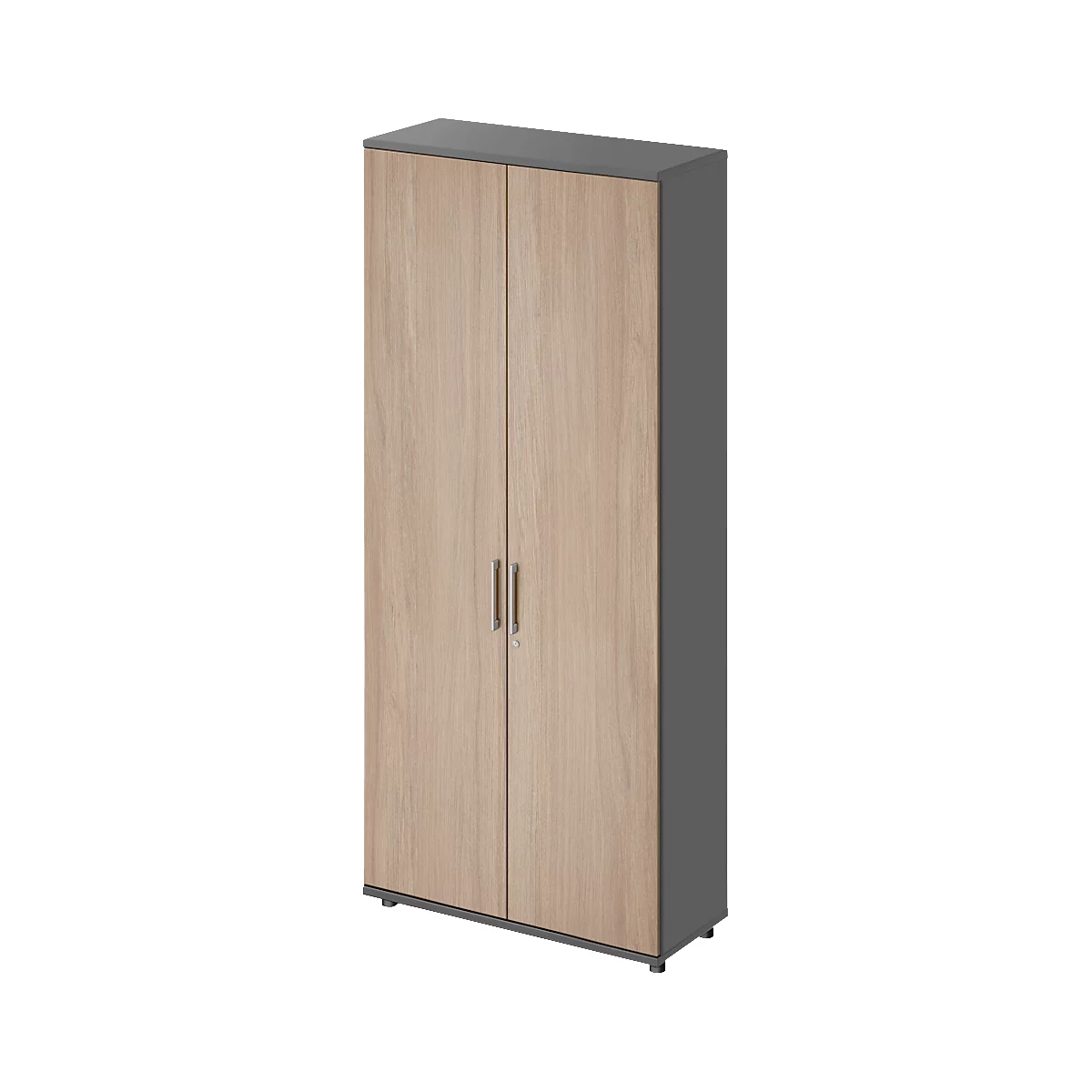 Tall cabinet with two doors and wood grain, gray framed.