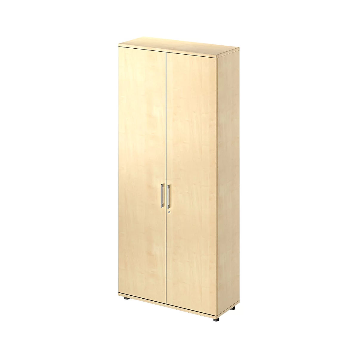 A light brown cabinet with two doors and silver handles. It stands against a neutral background.