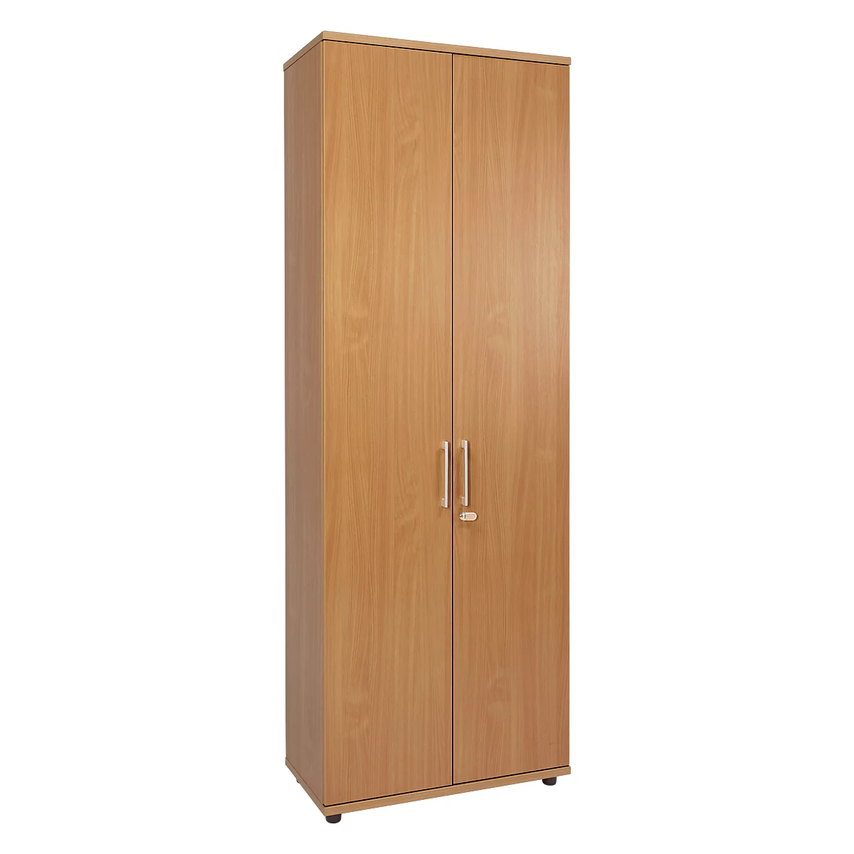 A tall wooden cabinet with two doors. The surface has a light wood grain.