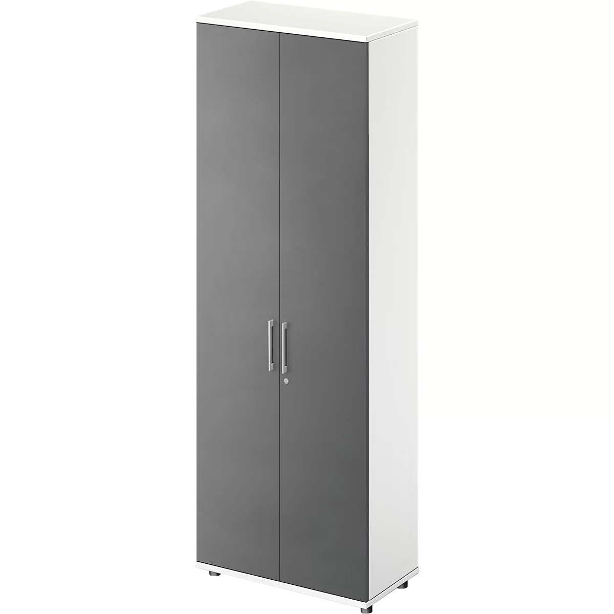Cabinet with gray doors, silver handles, and white sides.