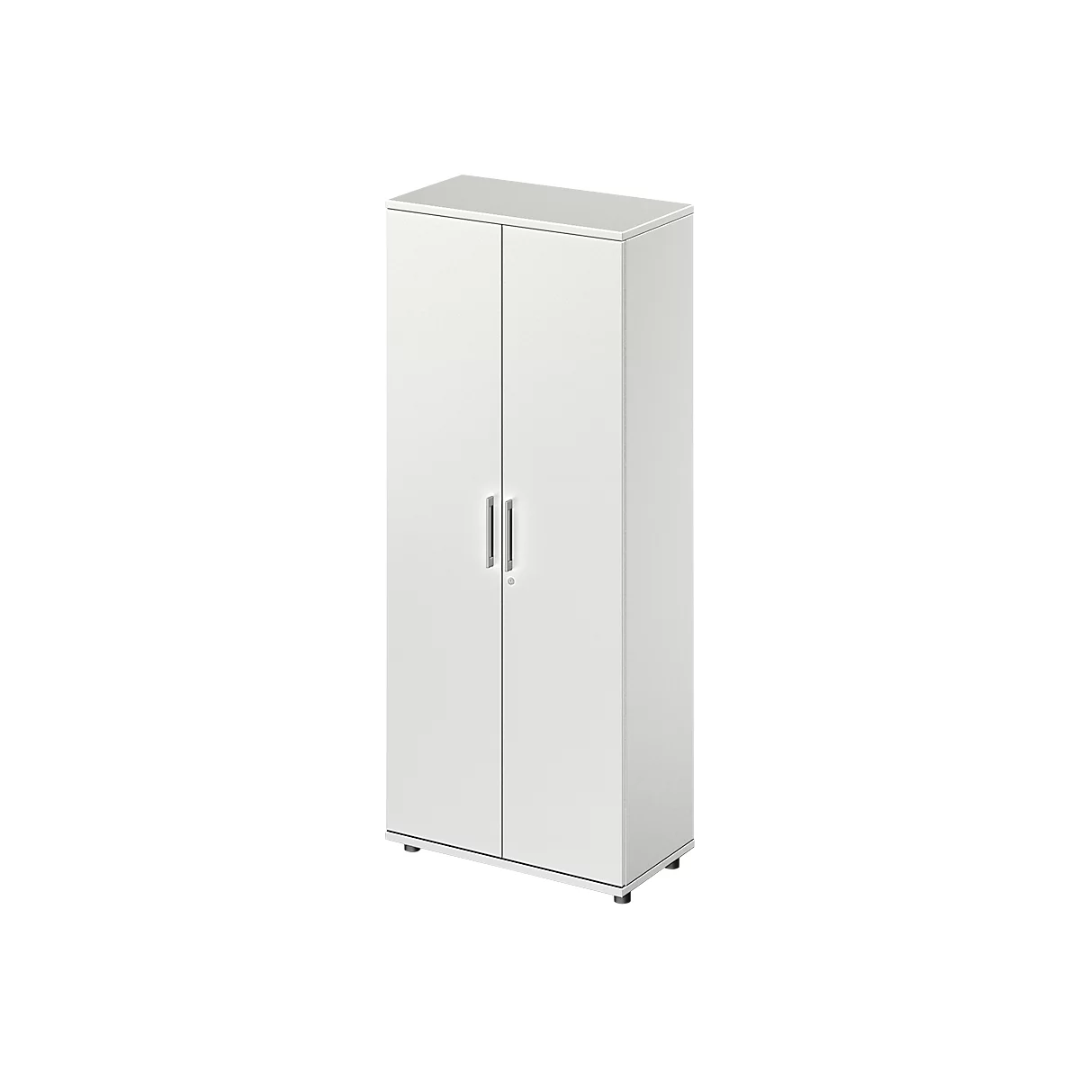 White cabinet with two doors, silver handles and short feet.
