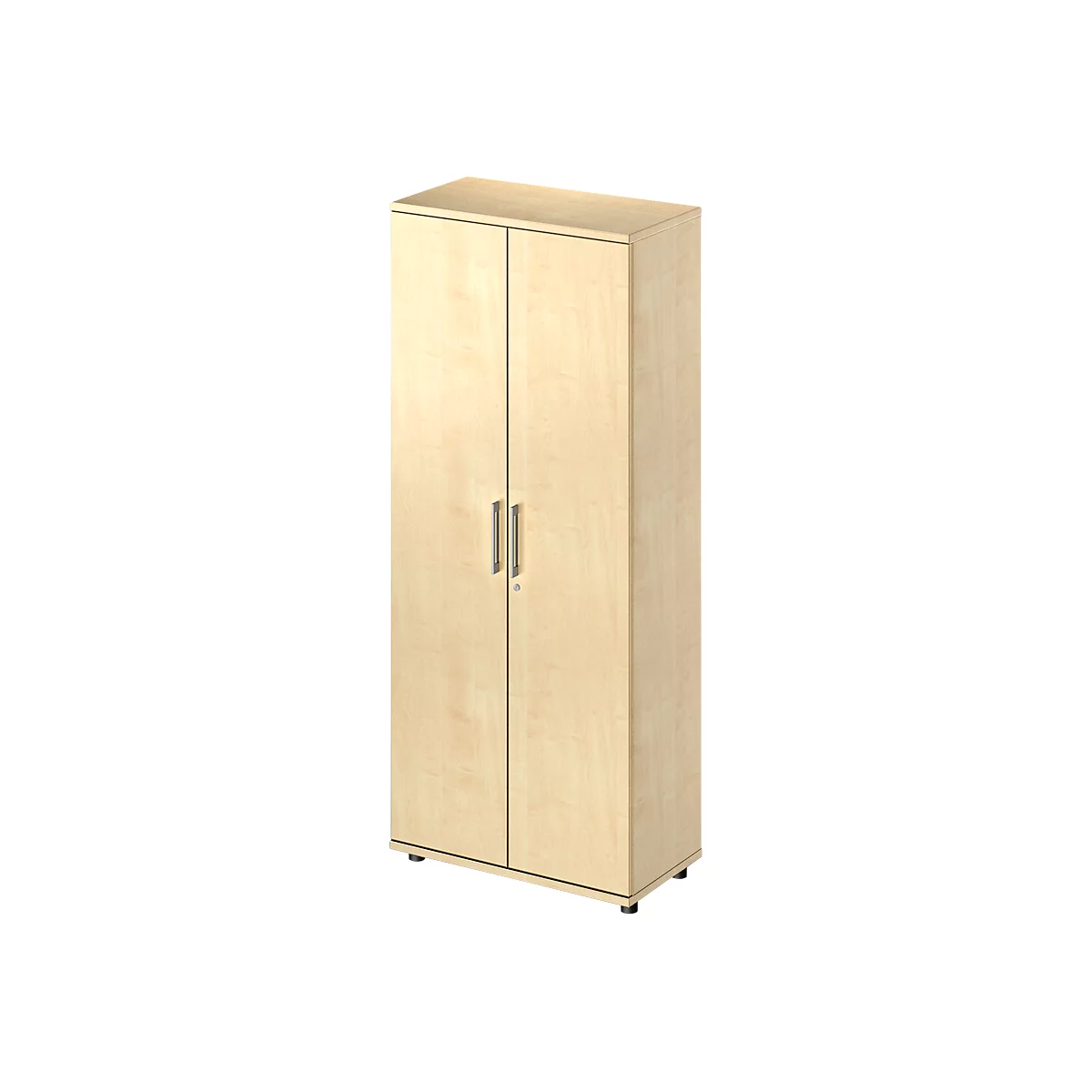 Light-colored cabinet with two doors, silver handles, and black feet.