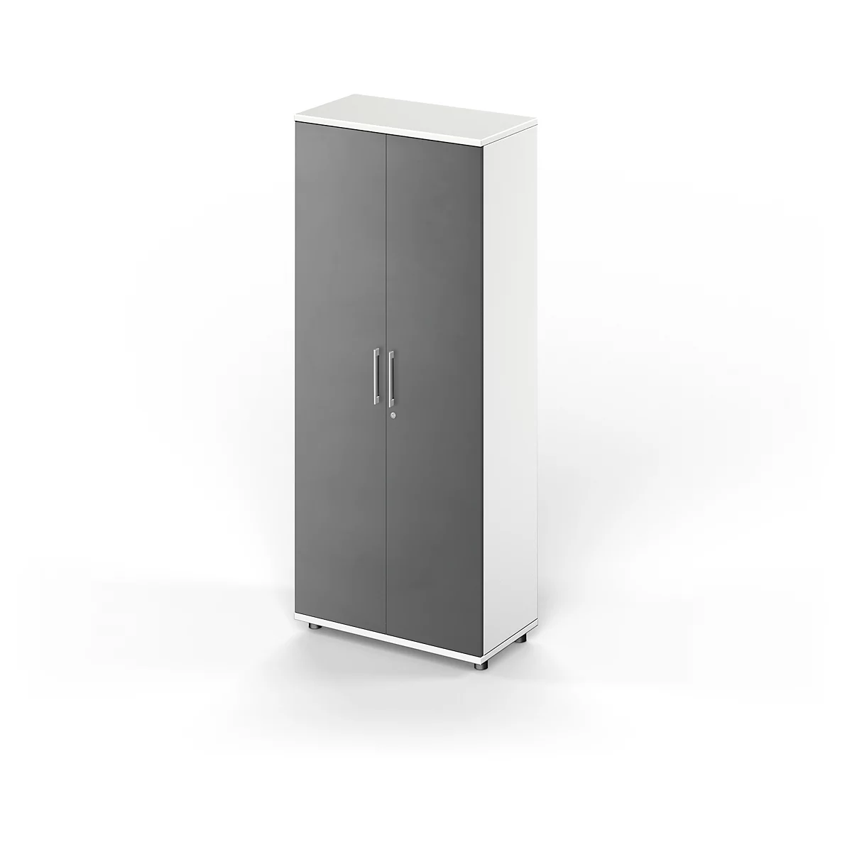 A tall cabinet with gray doors and silver handles stands against a white background.
