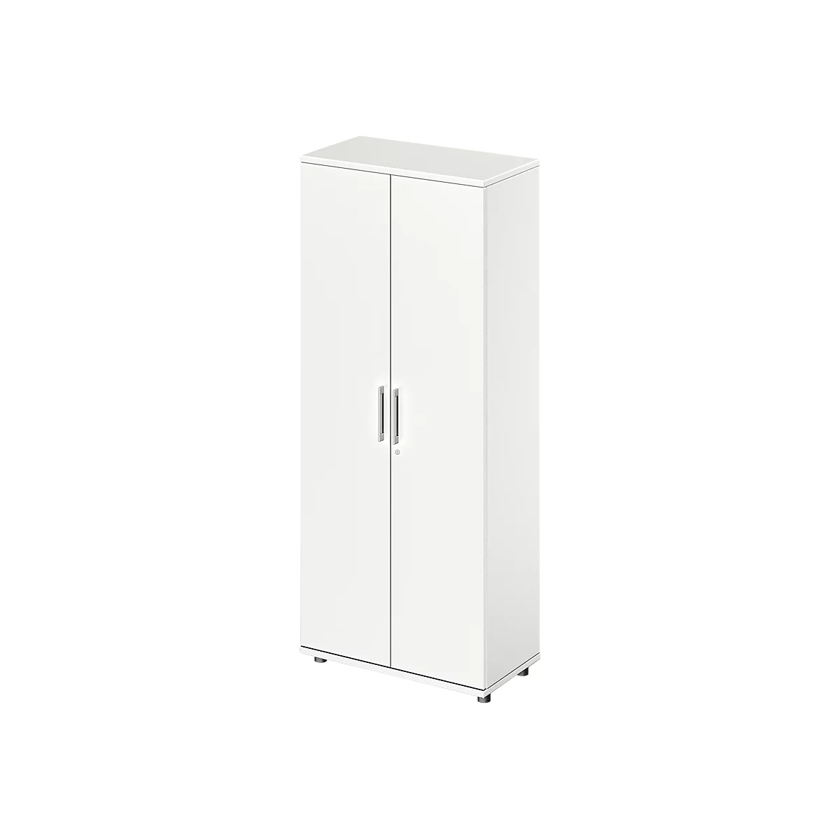 White cabinet with two doors and silver handles. It stands on small, silver feet.