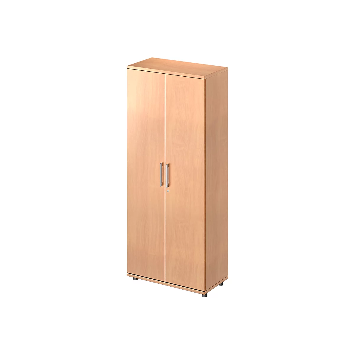 Light brown cabinet with two doors, silver handles, and small feet. For order in the office.