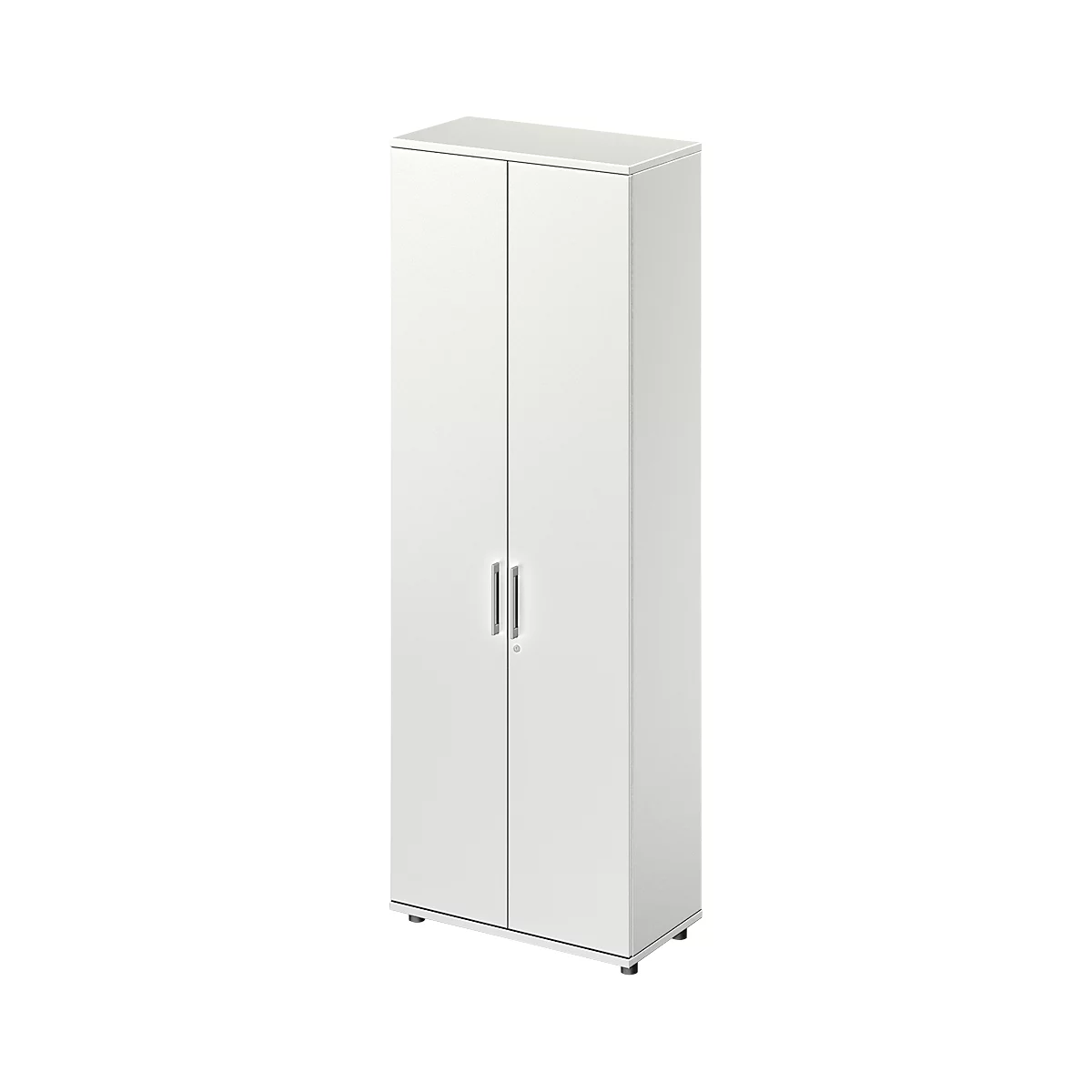 White cabinet with two doors, two metal handles and four feet.