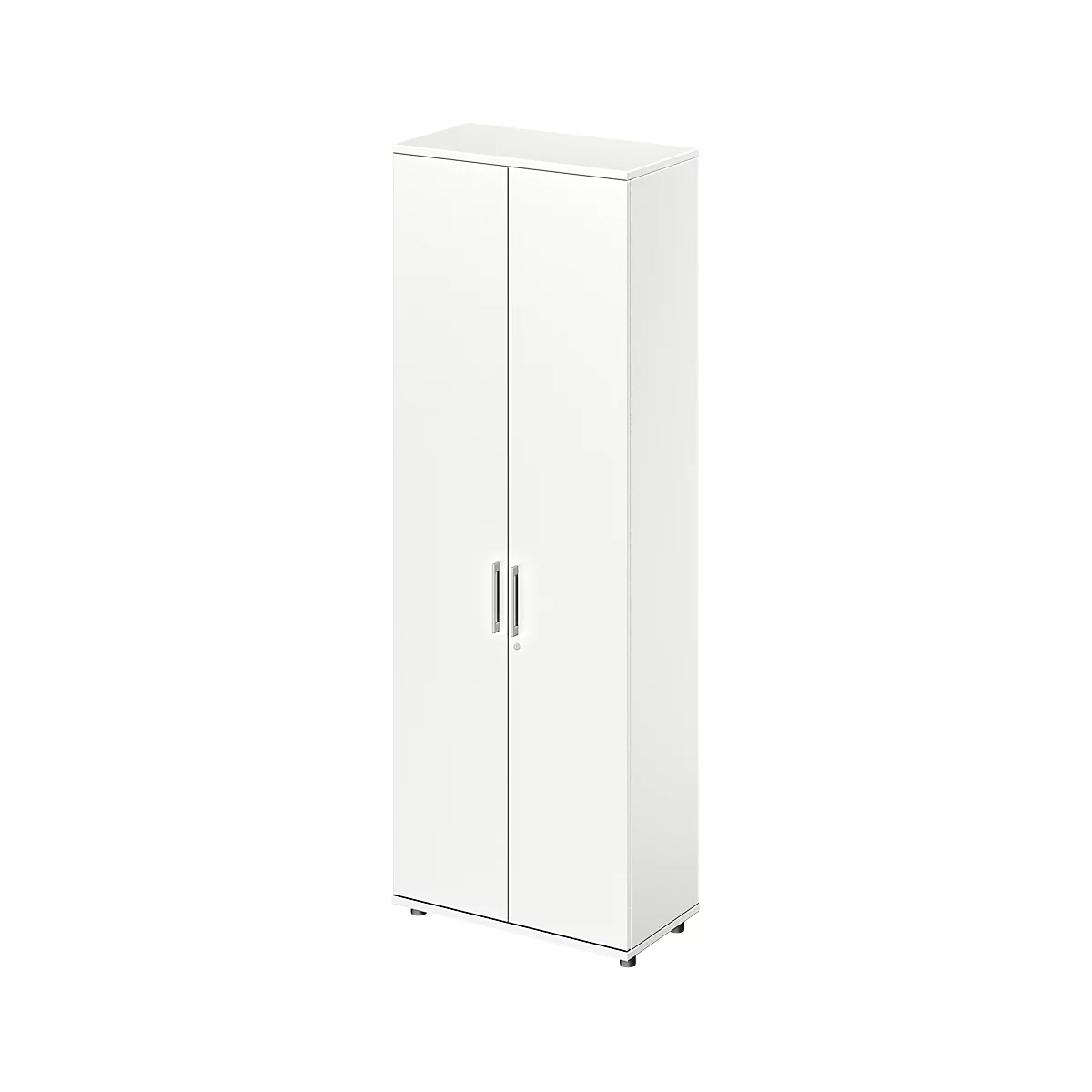 White cabinet with two doors and silver handles. A simple, minimalist cabinet.
