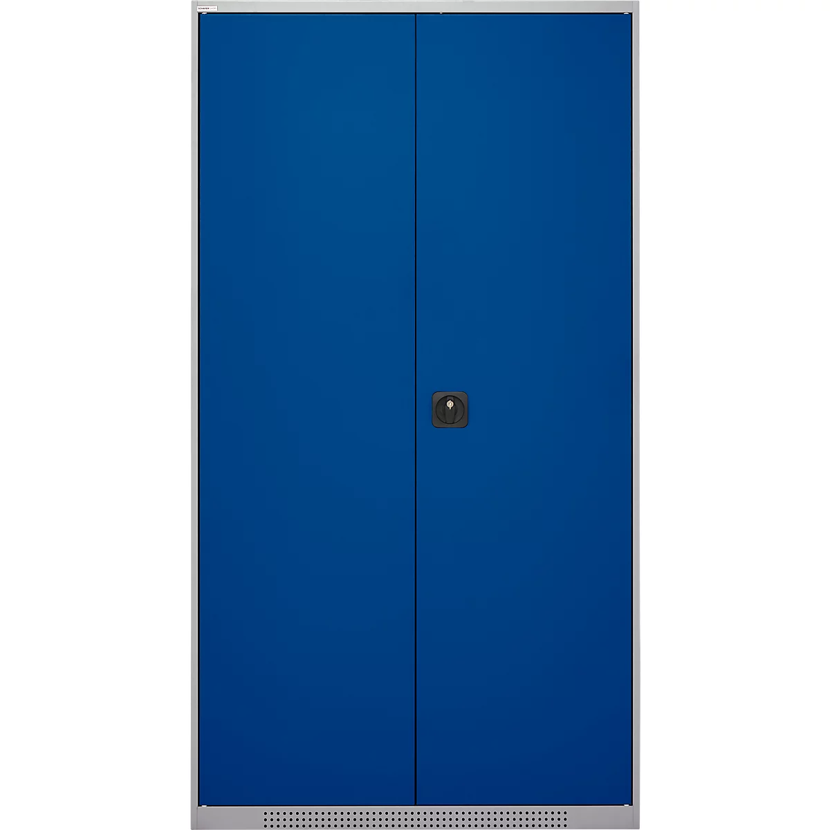Schäfer Shop Genius tijdschriftenkast FS, 5 OH, afsluitbaar, 10 legborden, 2 geperforeerde legborden, tot 450 kg, B 1055 x D 520 x H 1950 mm, blank aluminium/ gentiaanblauw