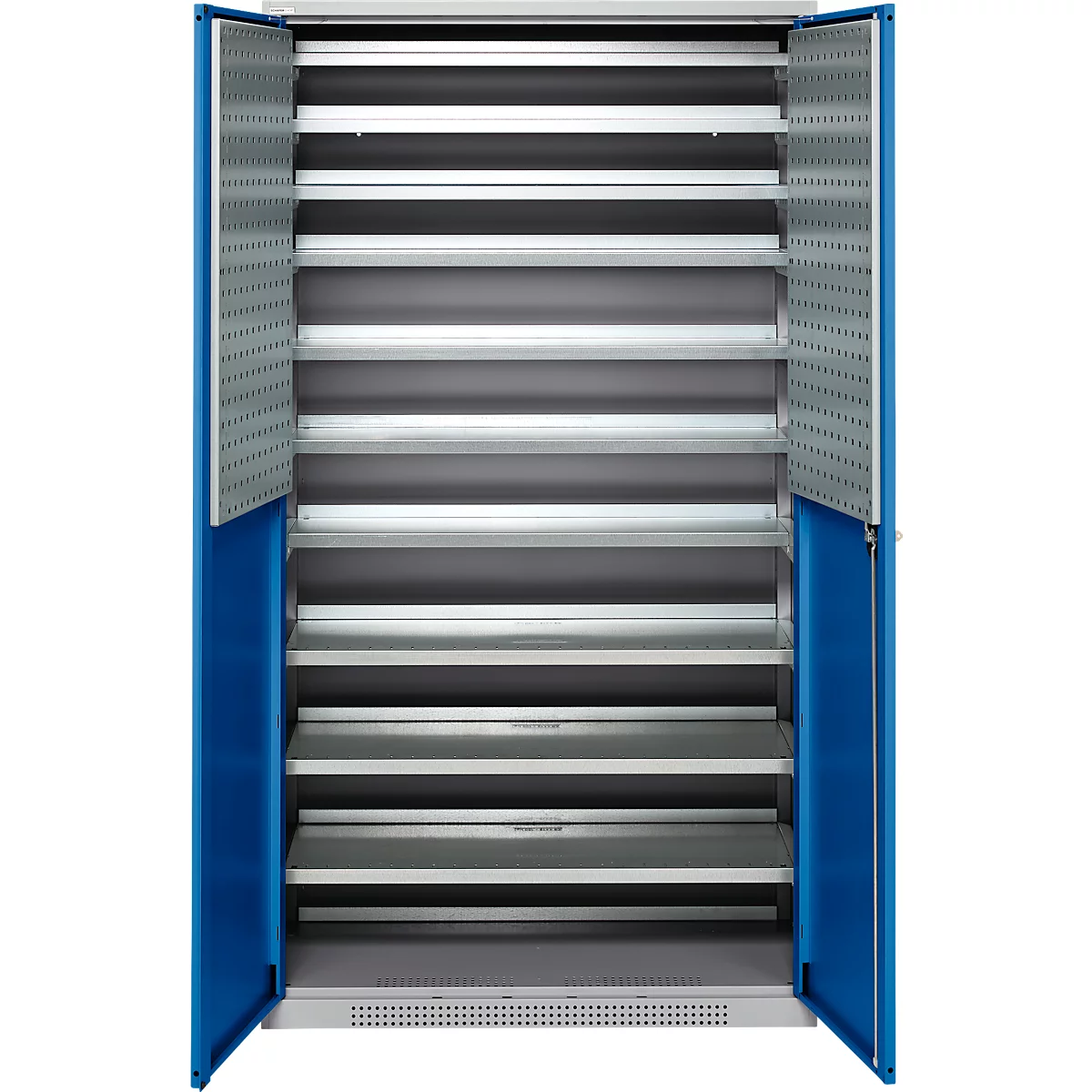 Schäfer Shop Genius tijdschriftenkast FS, 5 OH, afsluitbaar, 10 legborden, 2 geperforeerde legborden, tot 450 kg, B 1055 x D 520 x H 1950 mm, blank aluminium/ gentiaanblauw
