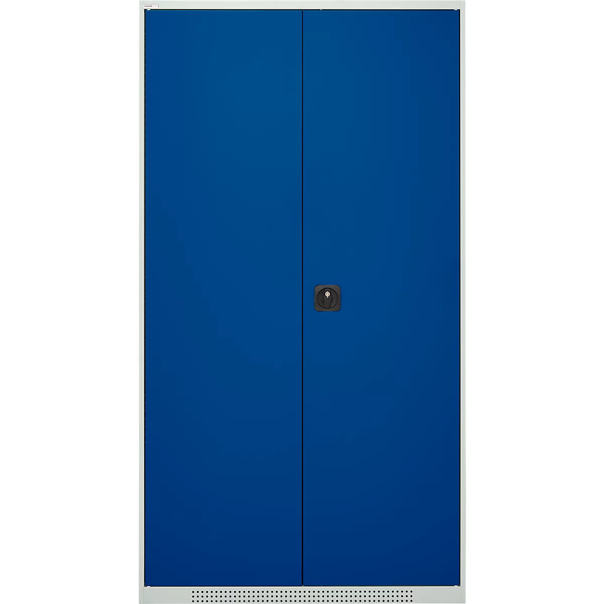 Schäfer Shop Genius tijdschriftenkast FS, 5 OH, afsluitbaar, 10 legborden, 2 geperforeerde legborden, tot 450 kg, B 1055 x D 520 x H 1950 mm, lichtgrijs/gentiaanblauw