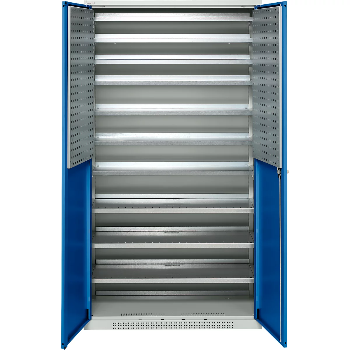 Schäfer Shop Genius tijdschriftenkast FS, 5 OH, afsluitbaar, 10 legborden, 2 geperforeerde legborden, tot 450 kg, B 1055 x D 520 x H 1950 mm, lichtgrijs/gentiaanblauw