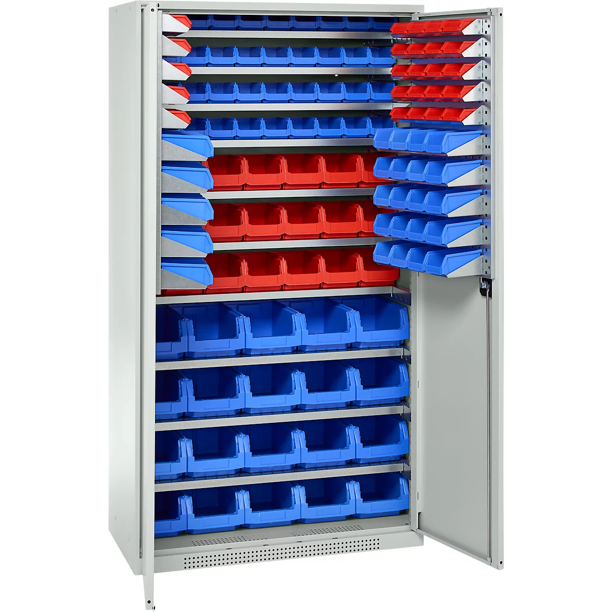 Een open gereedschapskast met blauwe en rode bakken, deur rechts open.