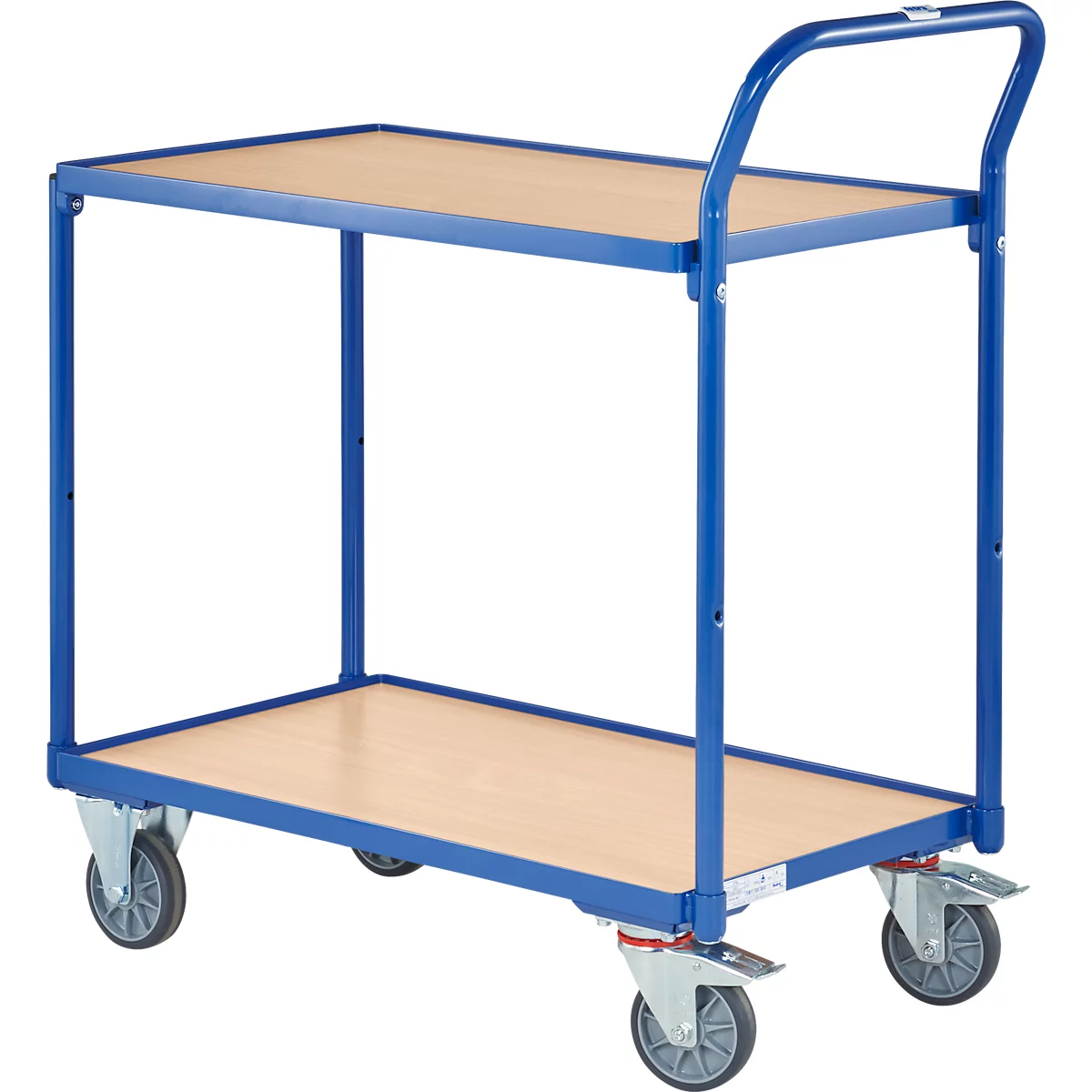 Blauer Rollwagen mit zwei Ebenen, hellbraunen Ablageflächen und grauen Rollen.