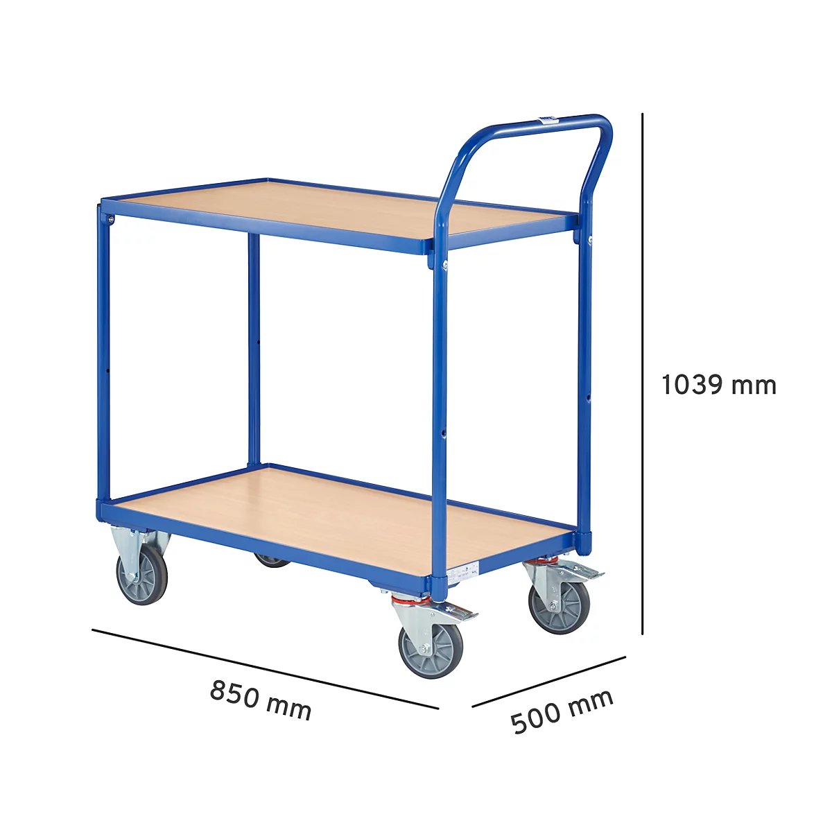 Blauer Transportwagen mit zwei Ebenen, Holzplatten und vier Rollen. Maße: 850 x 500 x 1039 mm.