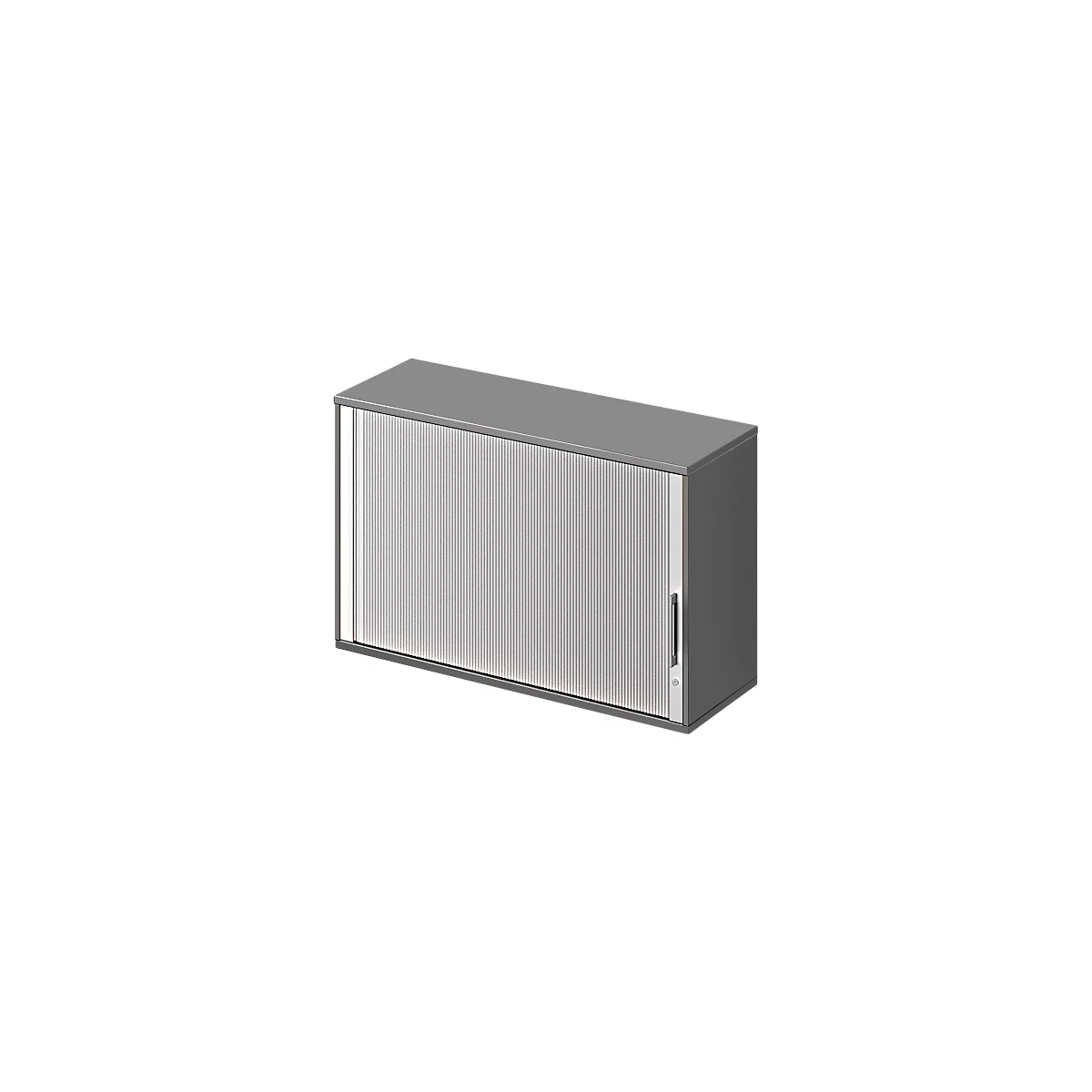 Grey cabinet with a slatted door and handle. The design is simple and modern.
