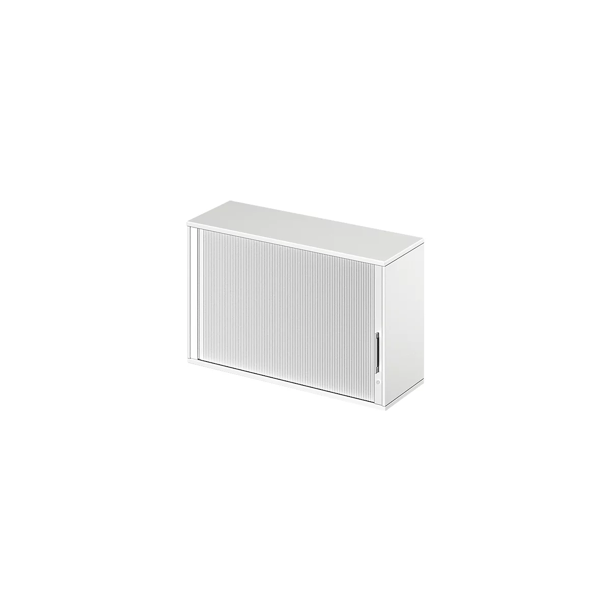 White cabinet with ribbed front. A handle is on the right side.