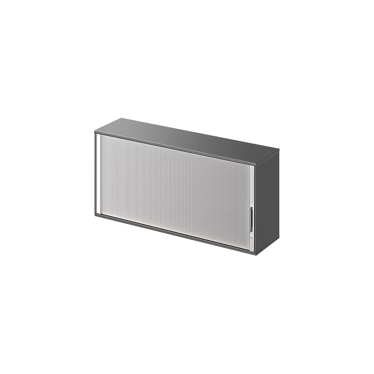 Grey cabinet with a ribbed front and silver handle. The cabinet's structure is rectangular with light effects.