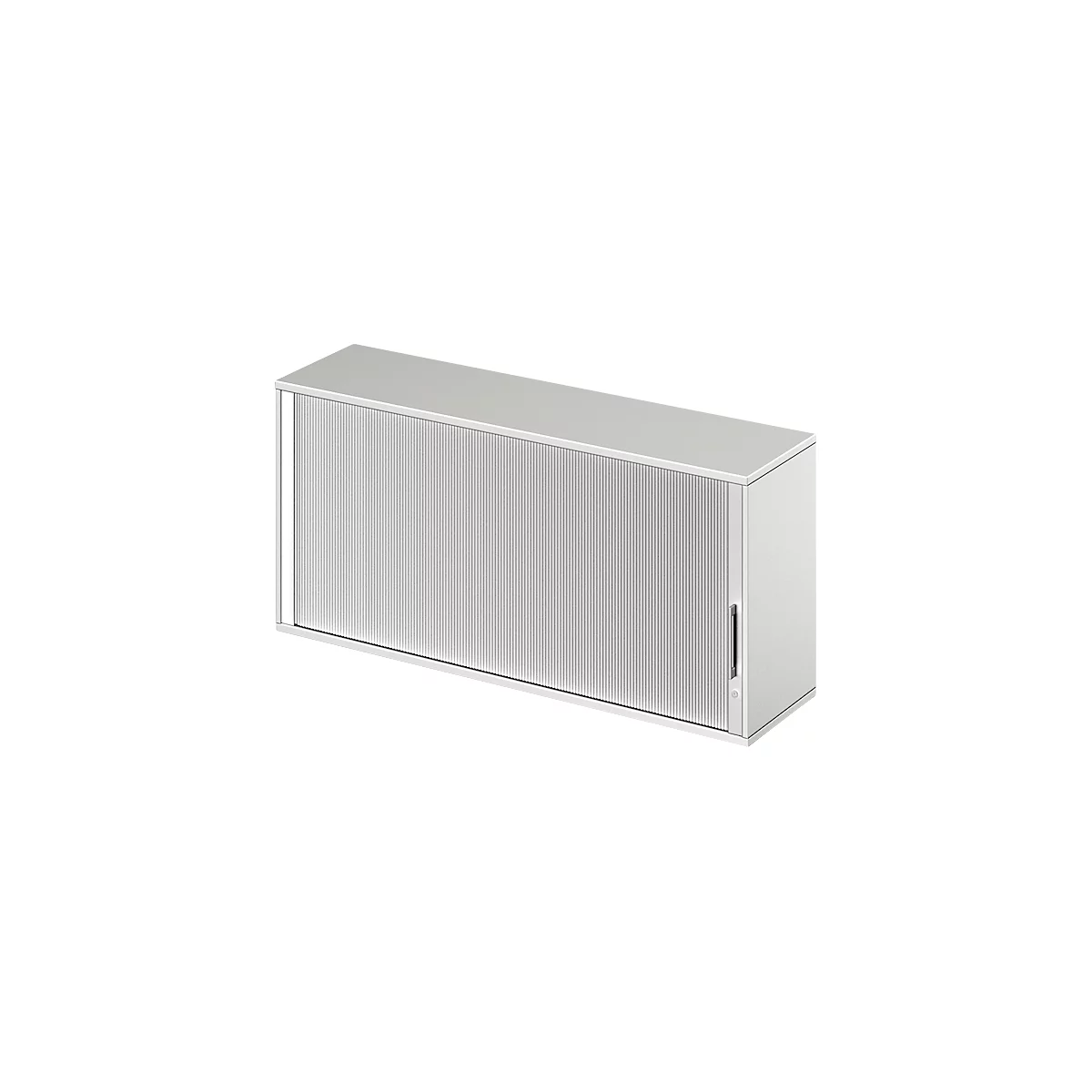 White shelf with a ribbed sliding door. The handle is mounted vertically.