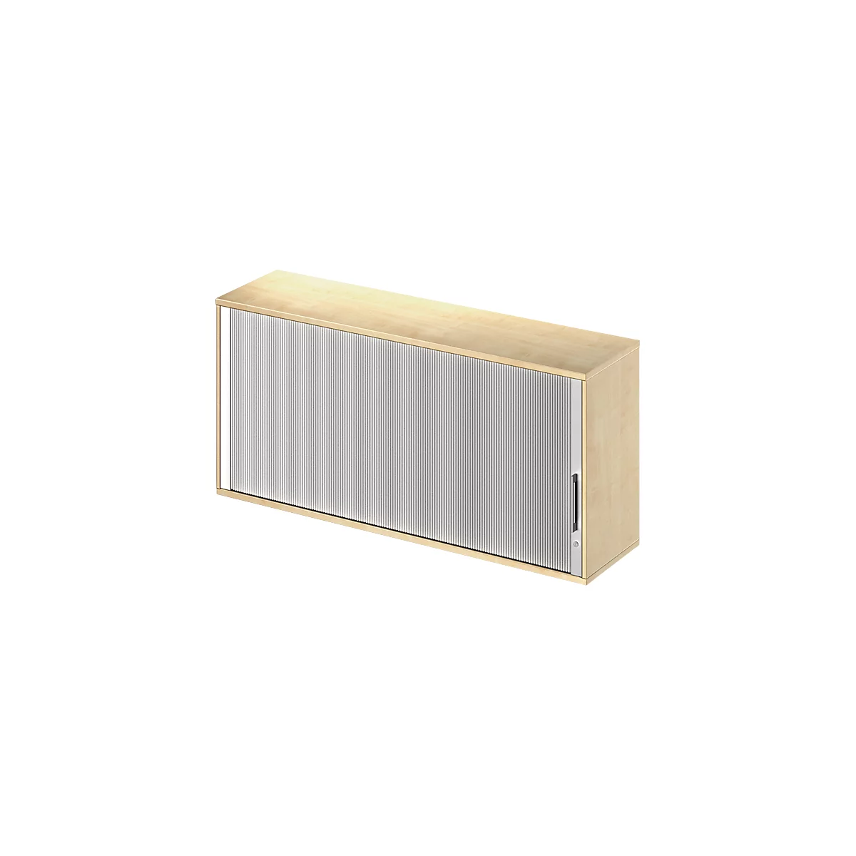 Light brown cabinet with ribbed, silver sliding door. Small handle on the side.