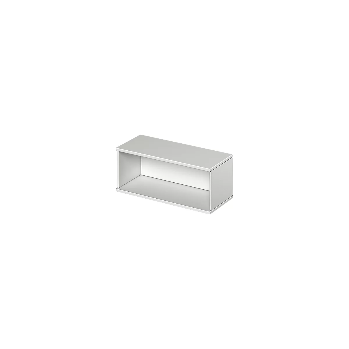 White rectangular shelf, slightly perspective, with open front.