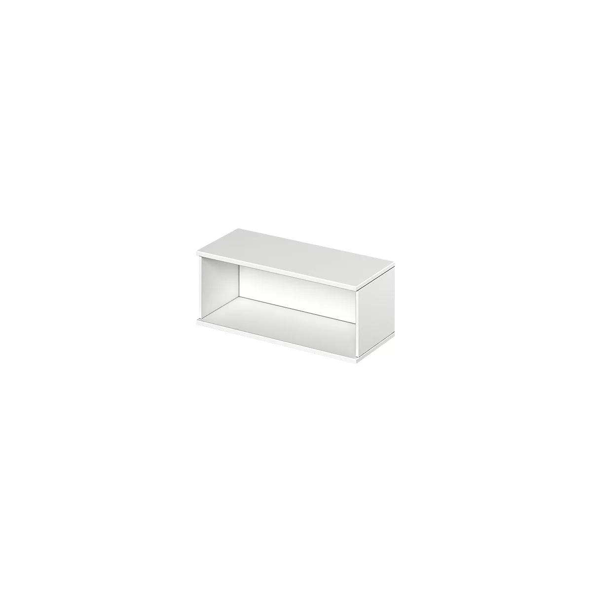A white, rectangular wall shelf with an open front. The edges are clearly defined.