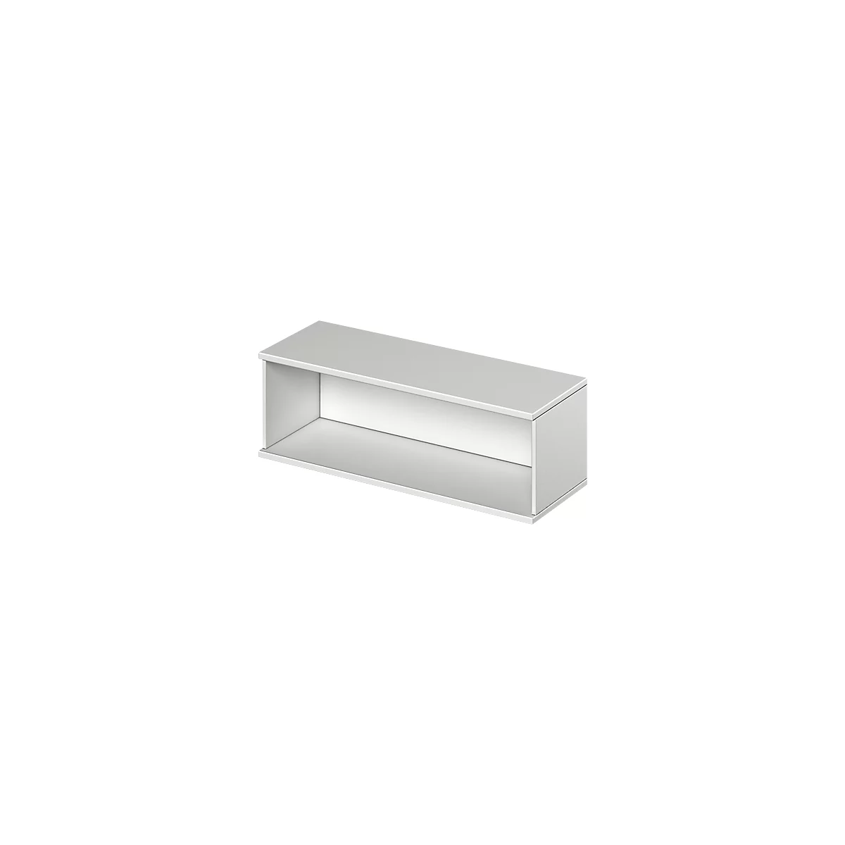 White, rectangular wall shelf. Closed on top, bottom and sides, open at the front.