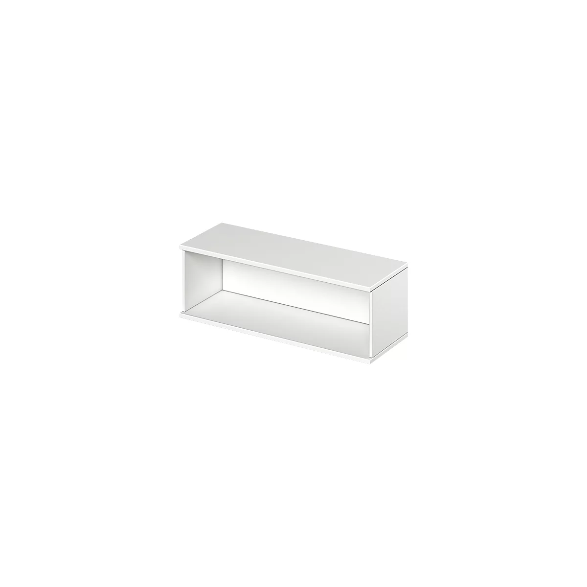 White, rectangular wall shelf with open front.