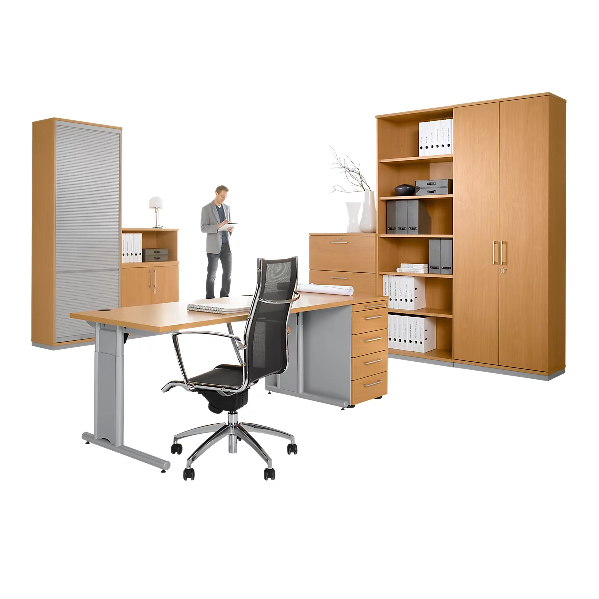 An office room with office furniture, including a desk with a chair and filing cabinets, a person standing in the background.