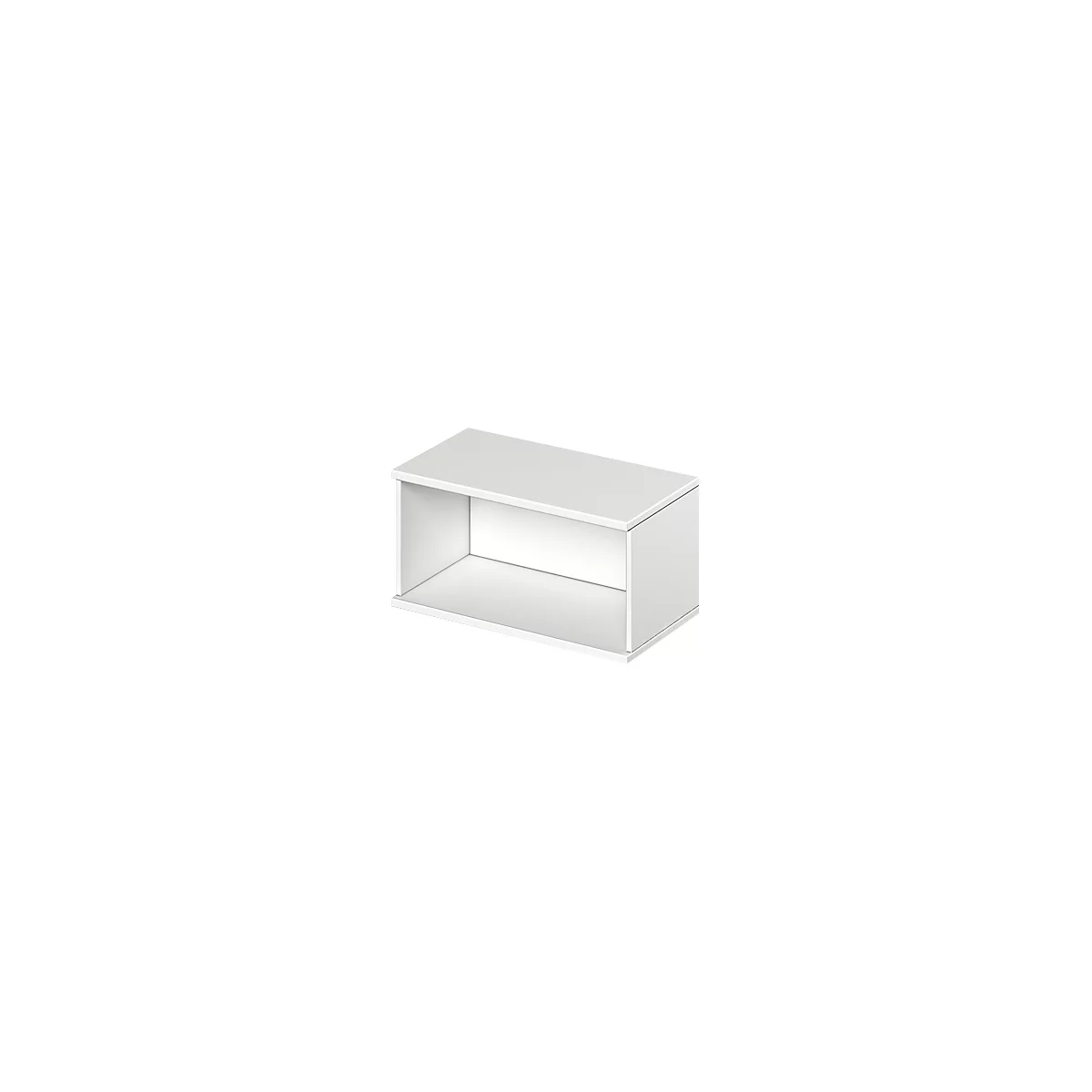 Rectangular, white shelf without back panel, open front.