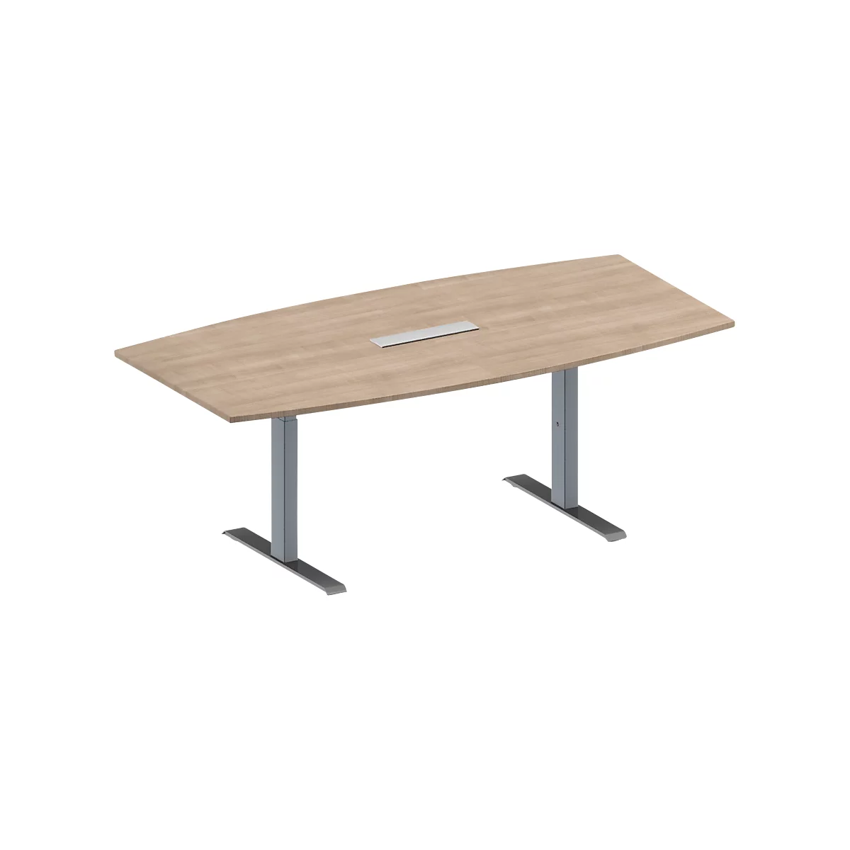 Een lichte, ovale vergadertafel met zilveren poten op een witte achtergrond.