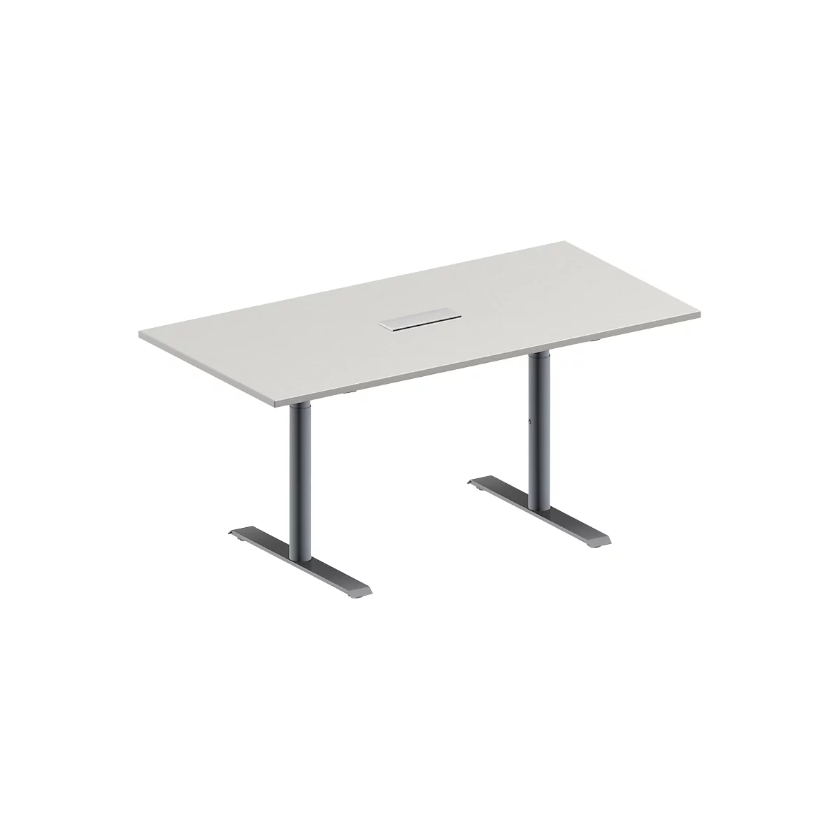 Schäfer Shop Genius Vergadertafel MODENA FLEX, in hoogte verstelbaar, 3-voudige contactdoos, rechthoekige vorm, T-poot ronde buis, B 1600 x D 800 mm, lichtgrijs