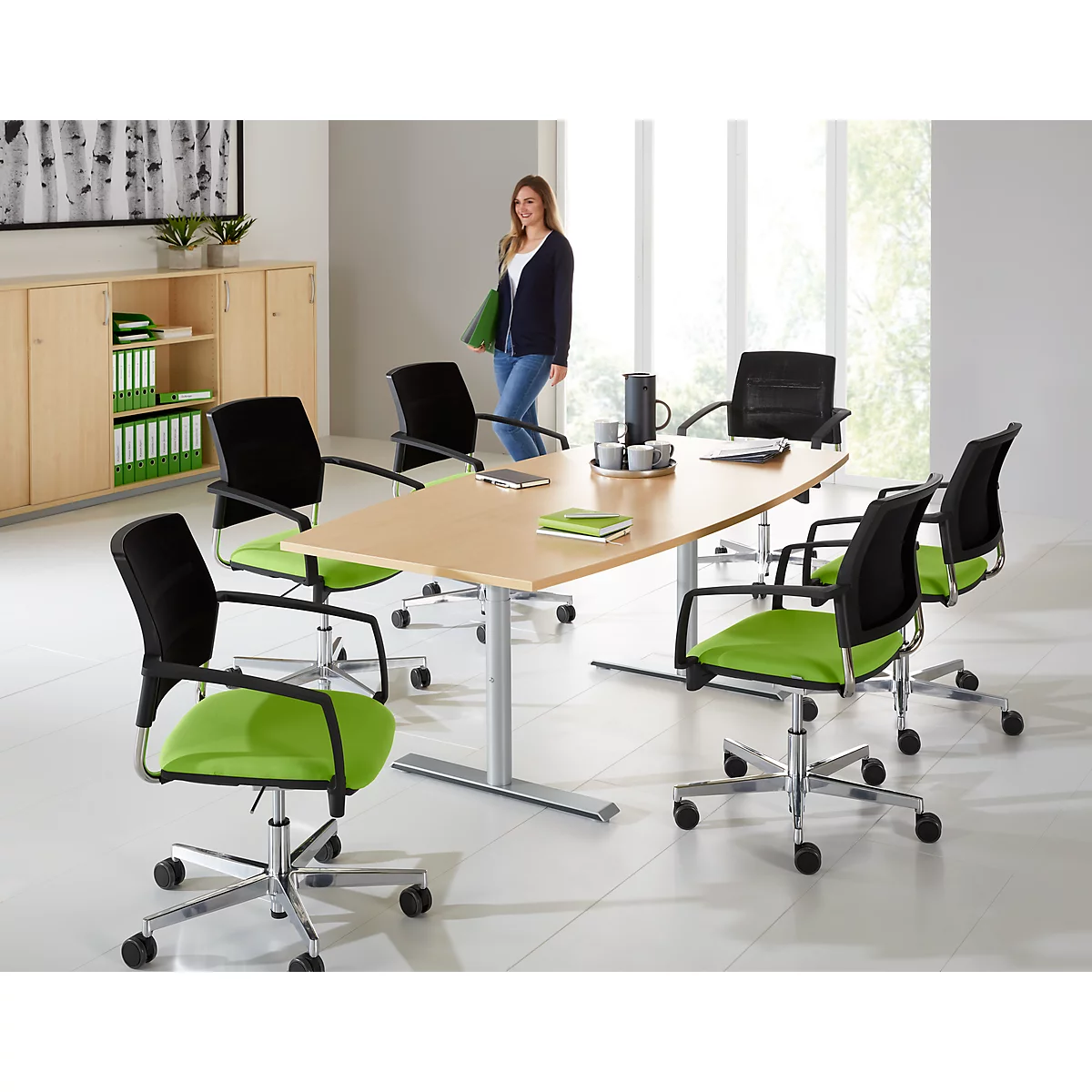 Schäfer Shop Genius Vergadertafel MODENA FLEX, in hoogte verstelbaar, bootvorm, T-poot ronde buis, B 2000 x D 1000/800 mm, esdoornpatroon