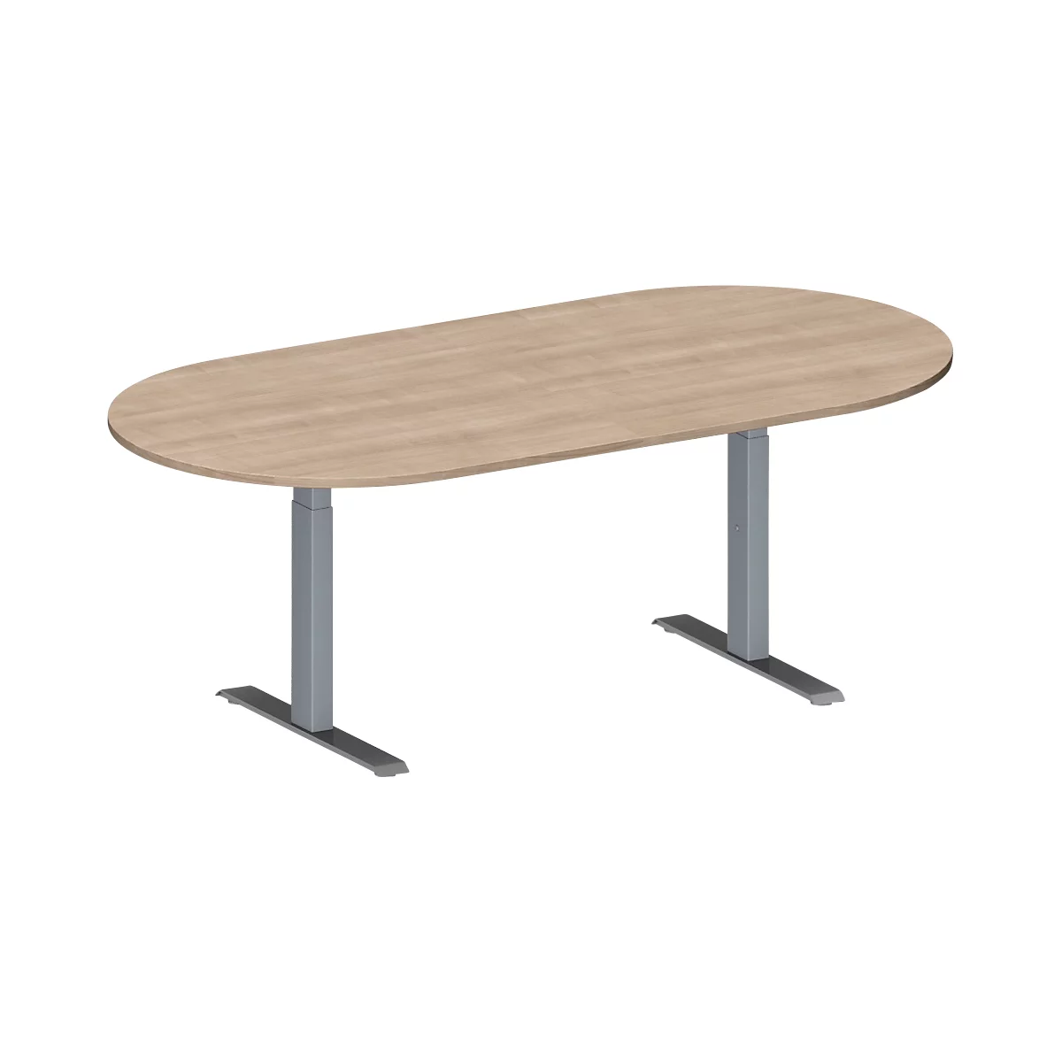 Schäfer Shop Genius vergadertafel MODENA FLEX, ovaal, T-poot rechthoekige buis, B 2000 x D 1000 x H 650-850 mm, eiken decor/blank aluminium RAL 9006