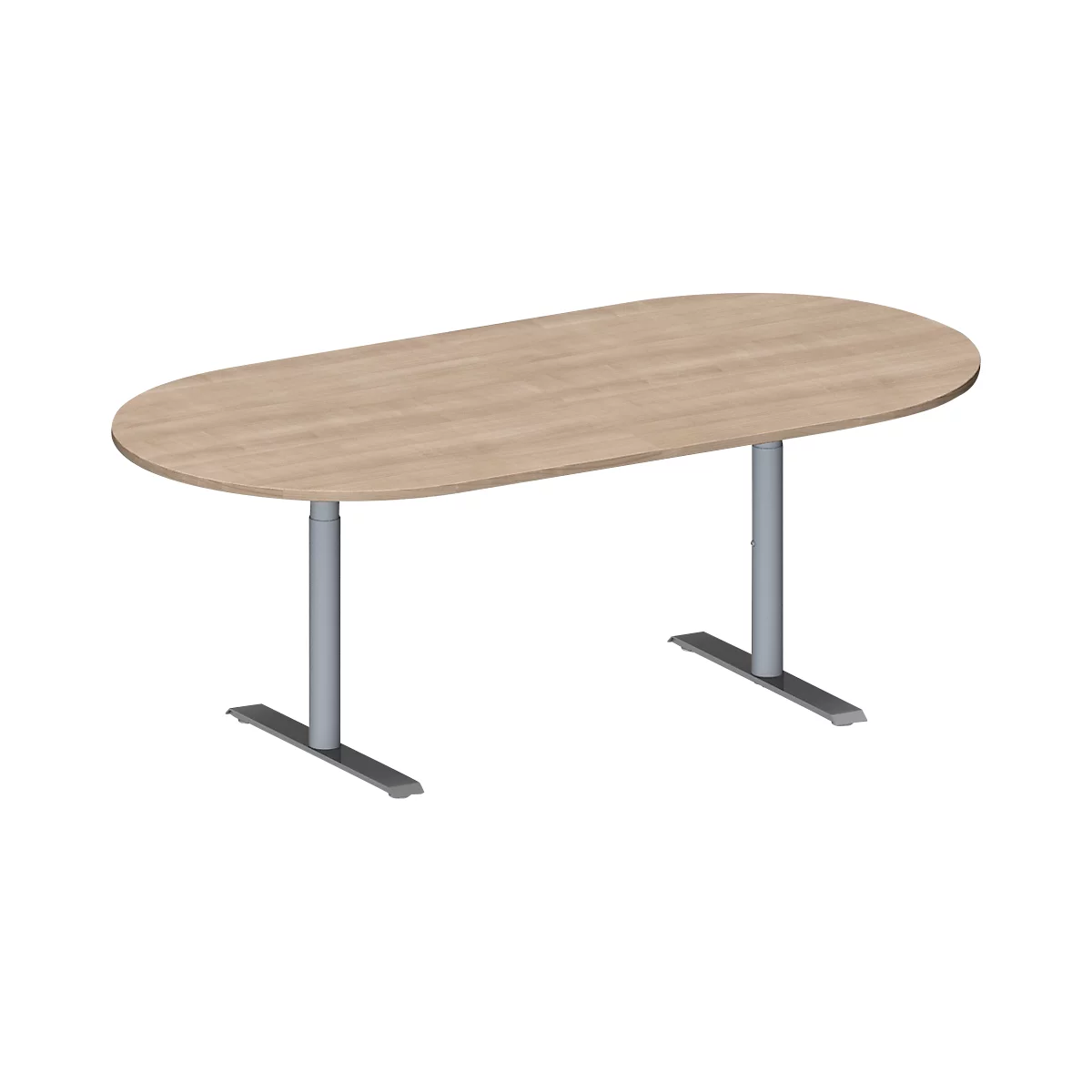 Schäfer Shop Genius vergadertafel MODENA FLEX, ovaal, T-poot ronde buis, B 2000 x D 1000 x H 650-850 mm, eiken decor/blank aluminium RAL 9006