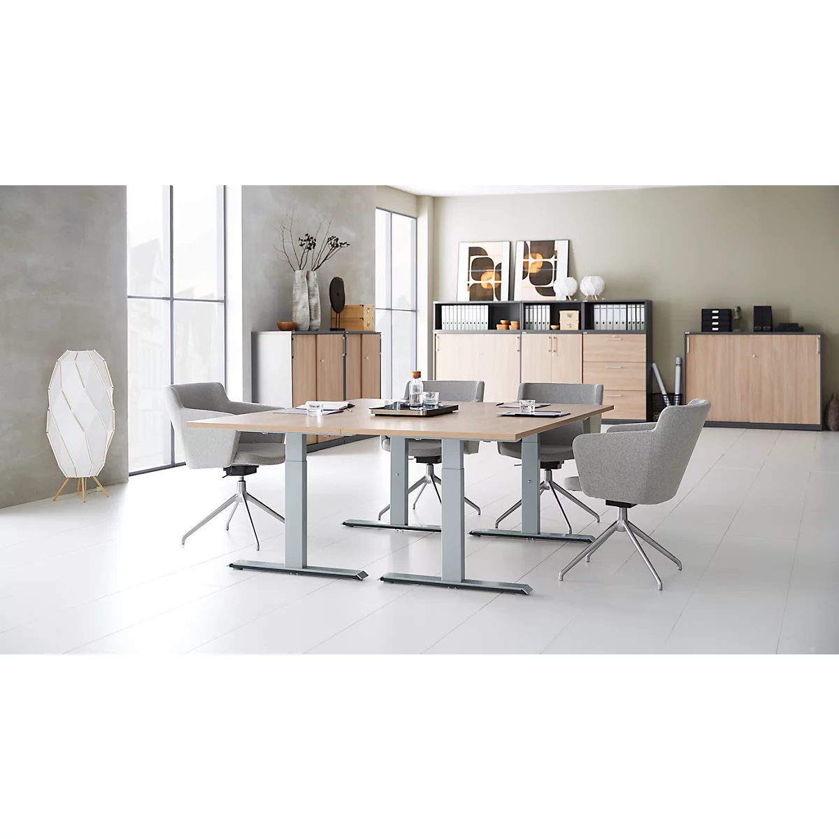 Schäfer Shop Genius vergadertafel MODENA FLEX, rechthoekig, T-poot rechthoekige buis, B 1800 x D 800 x H 650-850 mm, eiken decor/blank aluminium RAL 9006