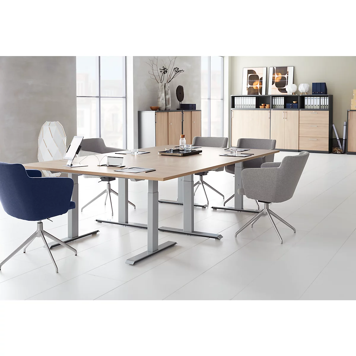 Schäfer Shop Genius vergadertafel MODENA FLEX, rechthoekig, T-poot rechthoekige buis, B 1800 x D 800 x H 650-850 mm, eiken decor/blank aluminium RAL 9006