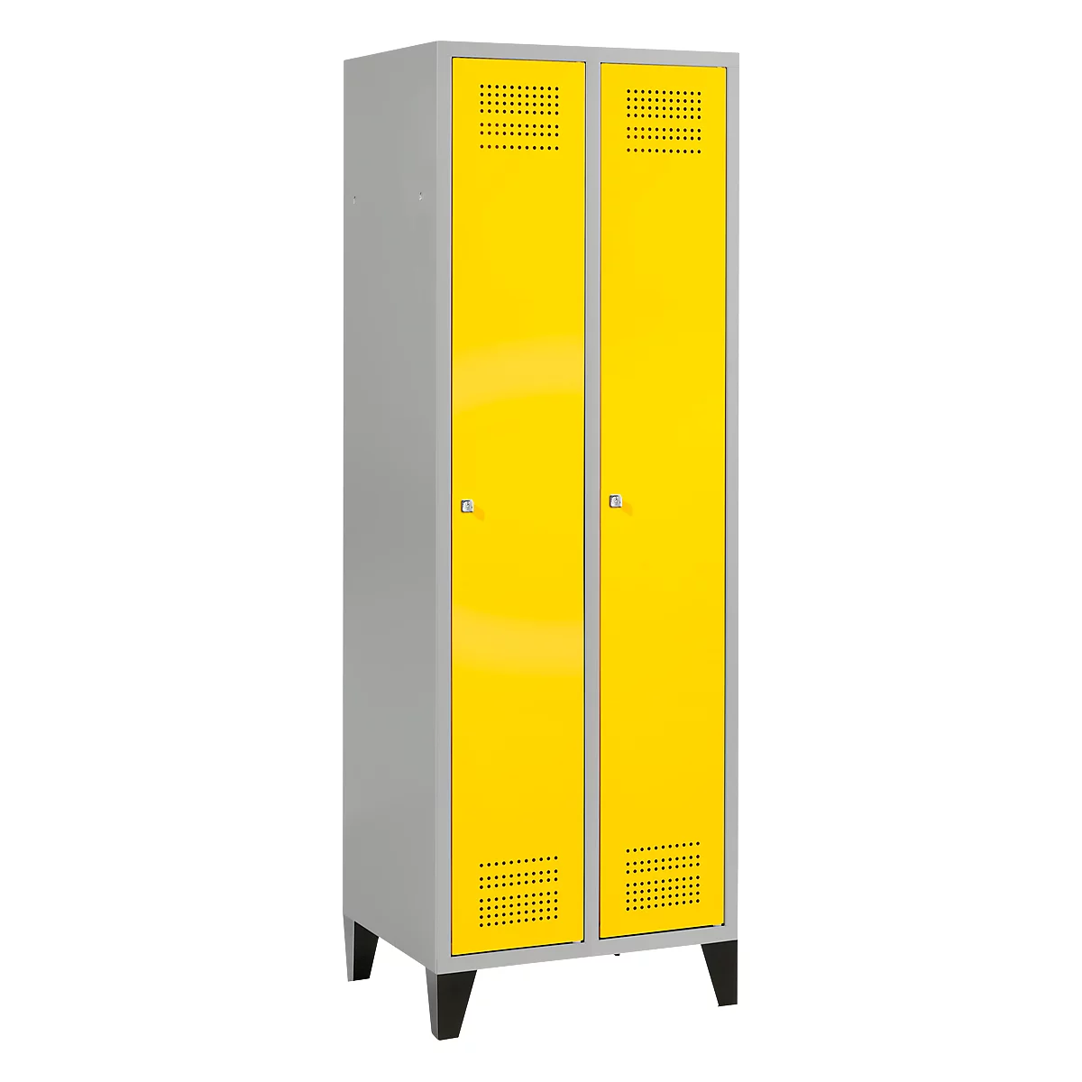 Schäfer Shop Genius Vestiaire sur pieds, 2 compartiments, l. 630 x P 500 x H 1850 mm, serrure à cylindre, alu blanc RAL 9016/jaune