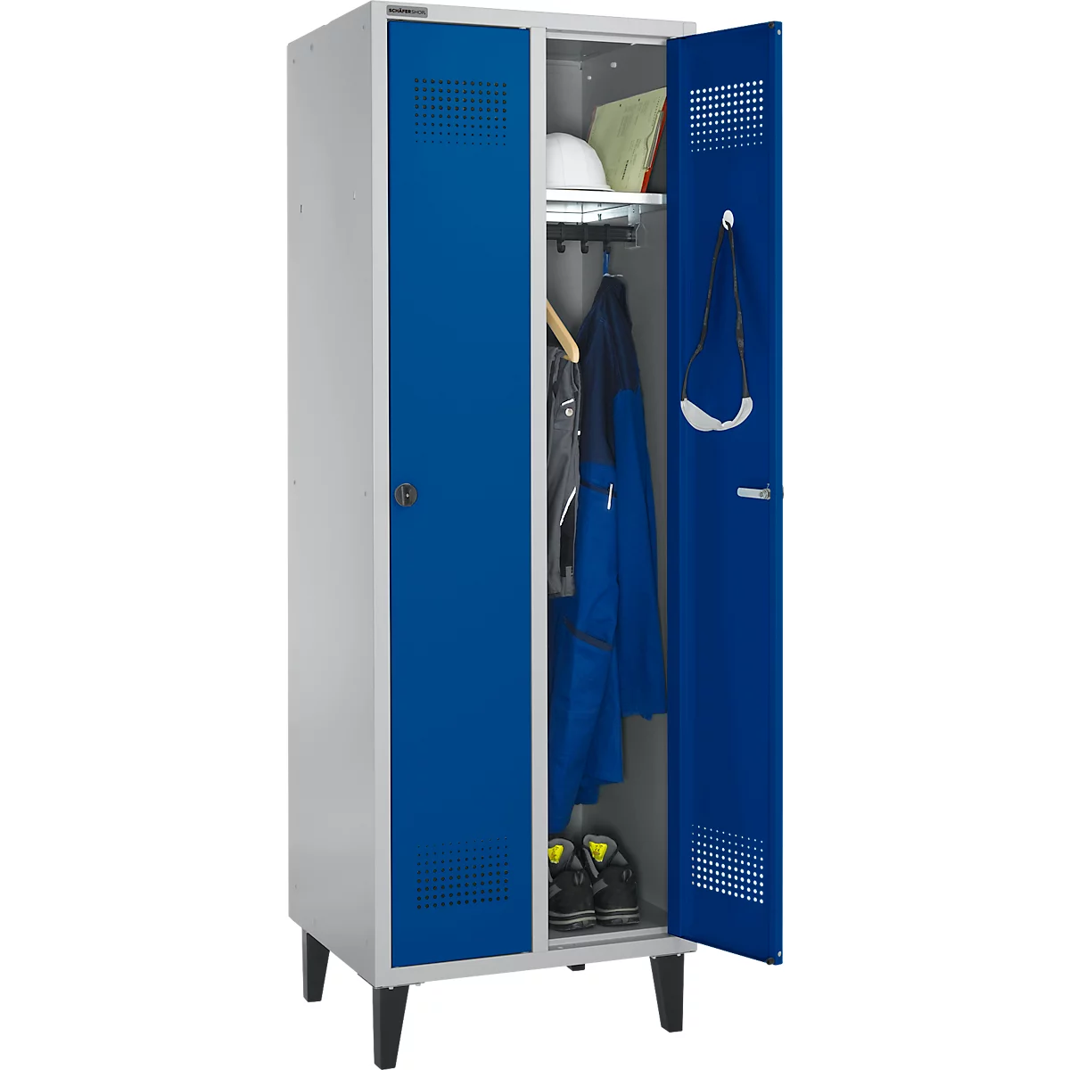 Schäfer Shop Genius Vestiaire sur pieds, 2 compartiments, l. 630 x P 500 x H 1850 mm, serrure de sécurité à came batteuse, alu blanc RAL 9016/bleu gentiane